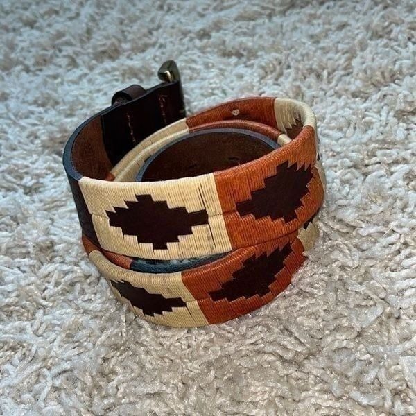 TATU ORANGE AND BROWN ARGENTINIAN LEATHER/NYLON THREADED BELT, SIZE 34, BEAUTIFU