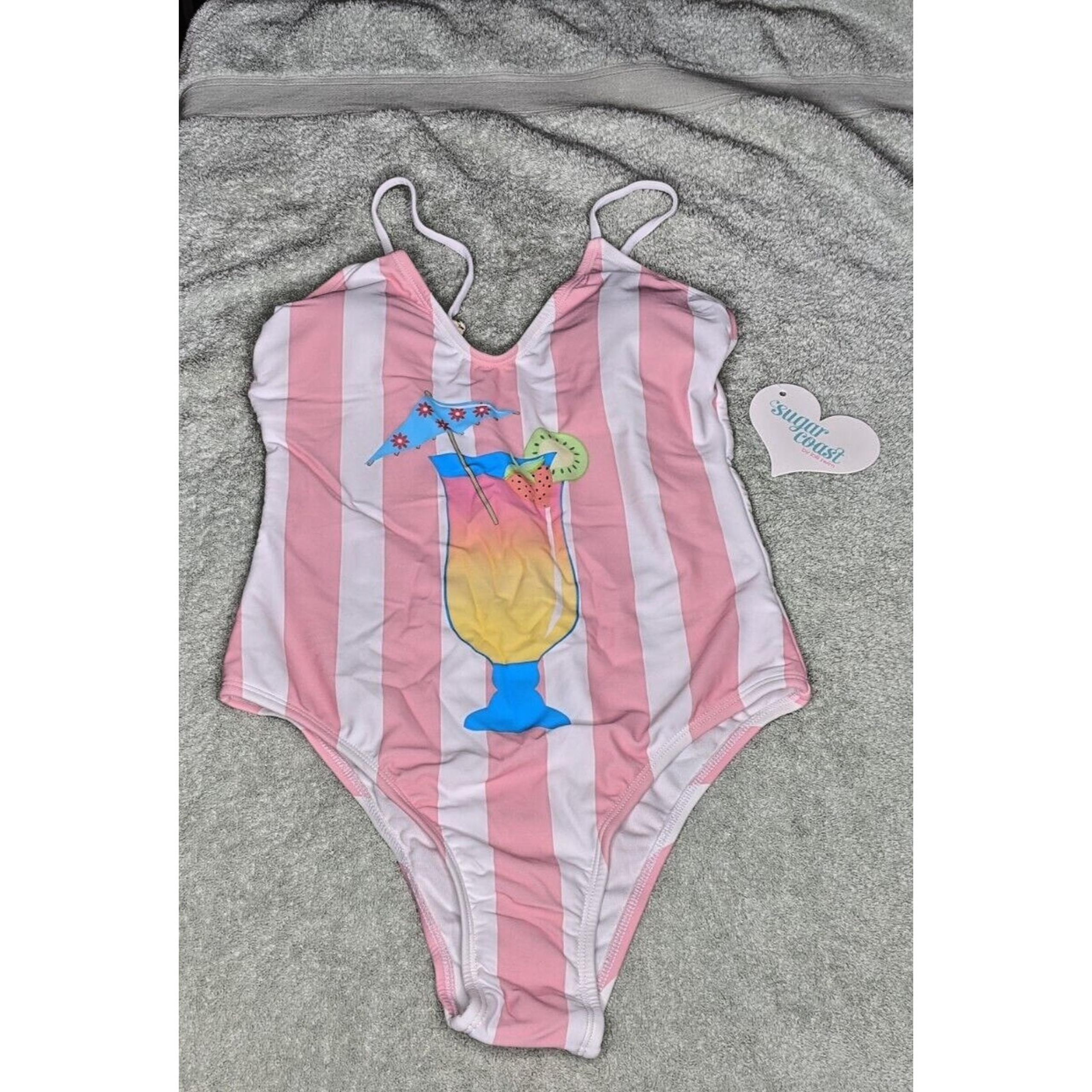 NEW Swimsuit SMALL One Piece Tank Tropical Drink Pink White Lolli NEW