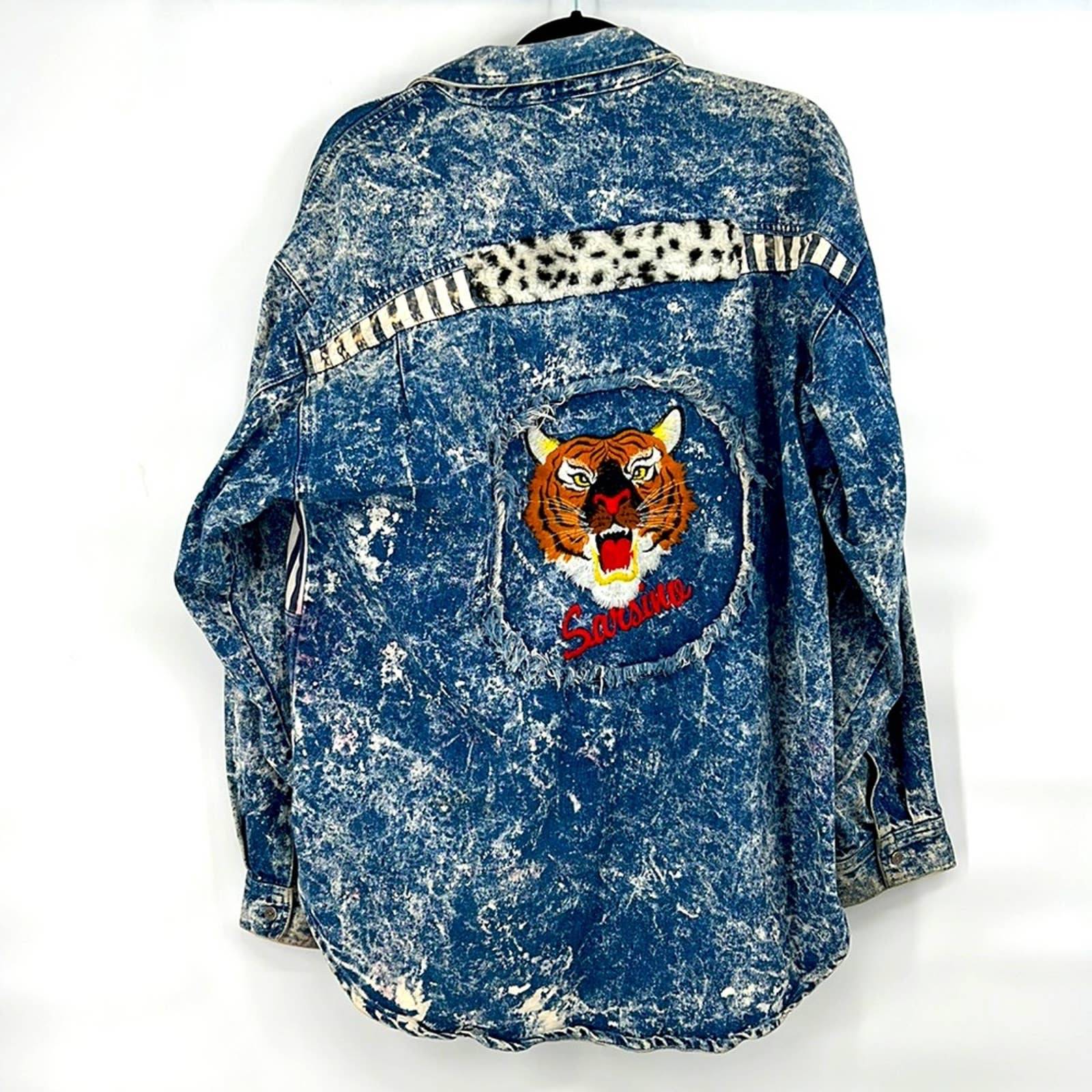 Vintage 80s Sarsino acid wash denim unisex button down shirt tiger large 1986