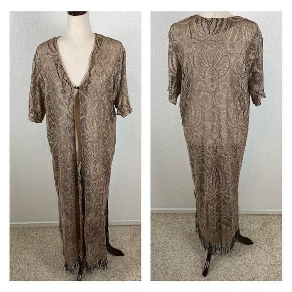 Vintage gold lace crochet short sleeve BoHo art deco fringe maxi long kimono 20*