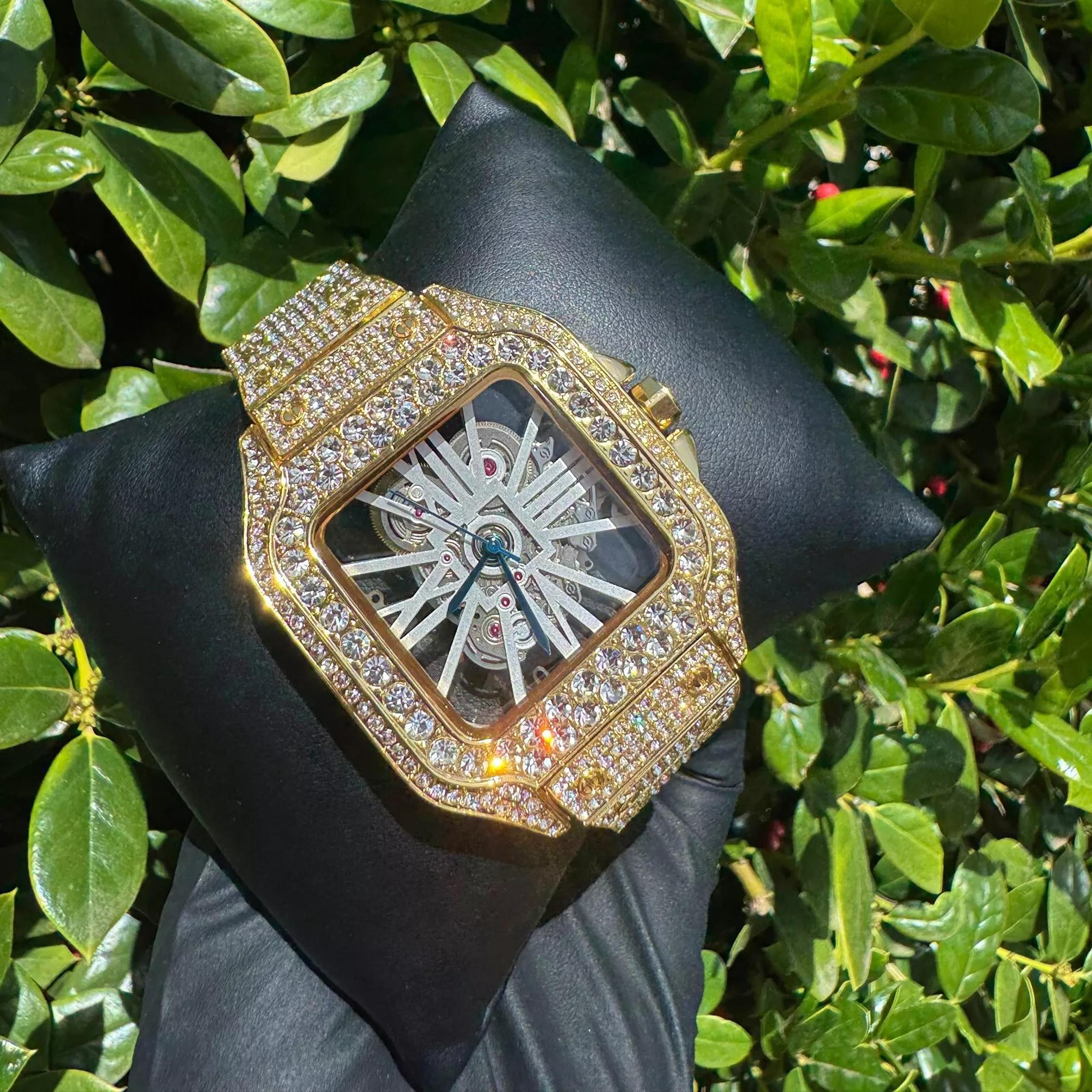 Men Hip Hop Watch Men Full Iced Band Luxury Skeleton Simulated Diamond Bracelet