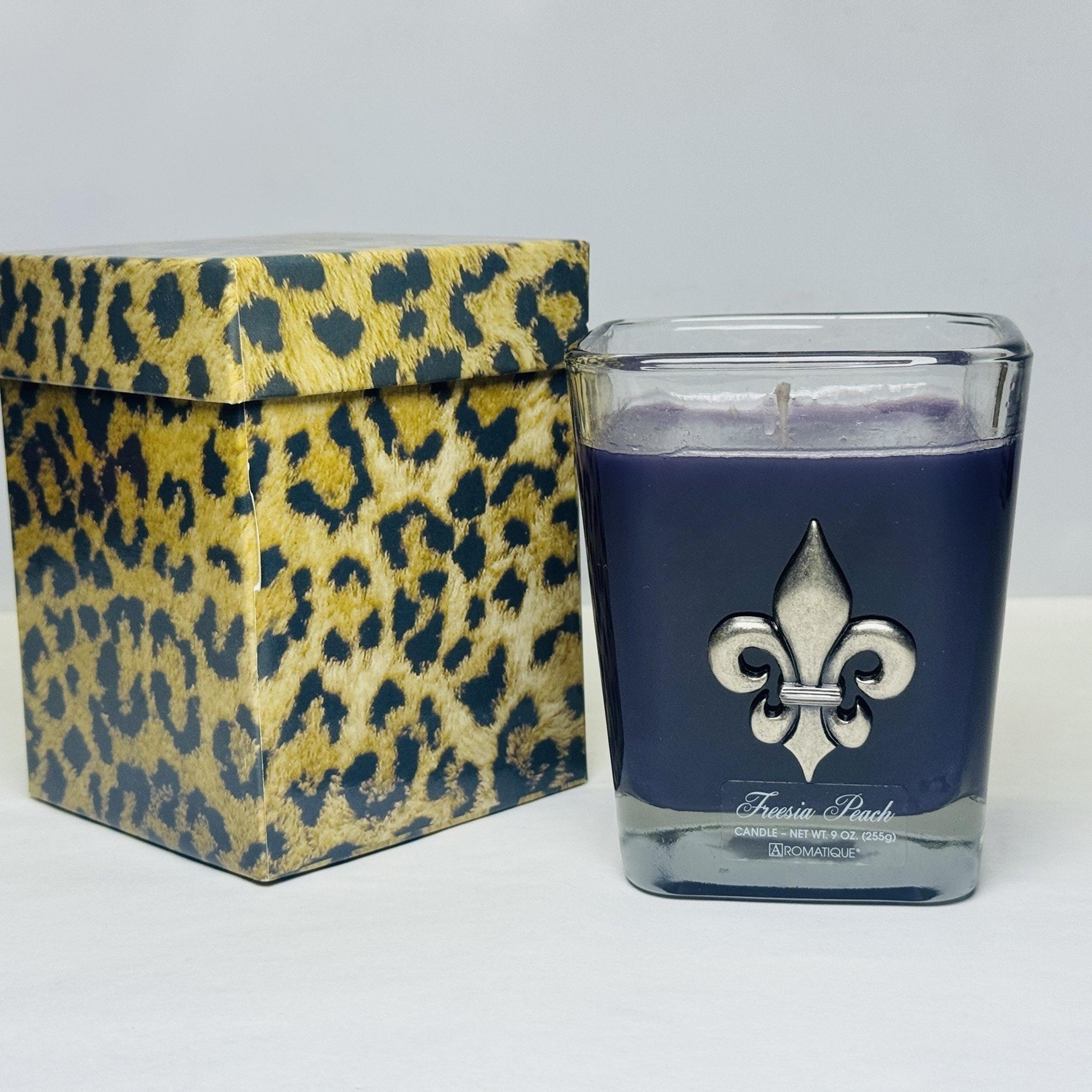 Aromatique Freesia Peach Candle 9 oz in Glass Decorative Cube with Gift Box