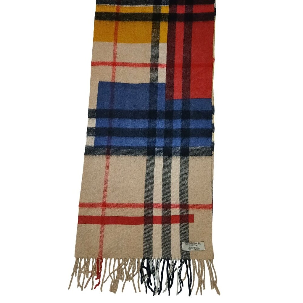 Vintage Burberry Red Yellow Blue Black Plaid Fall Winter Luxury Outdoor Scarf