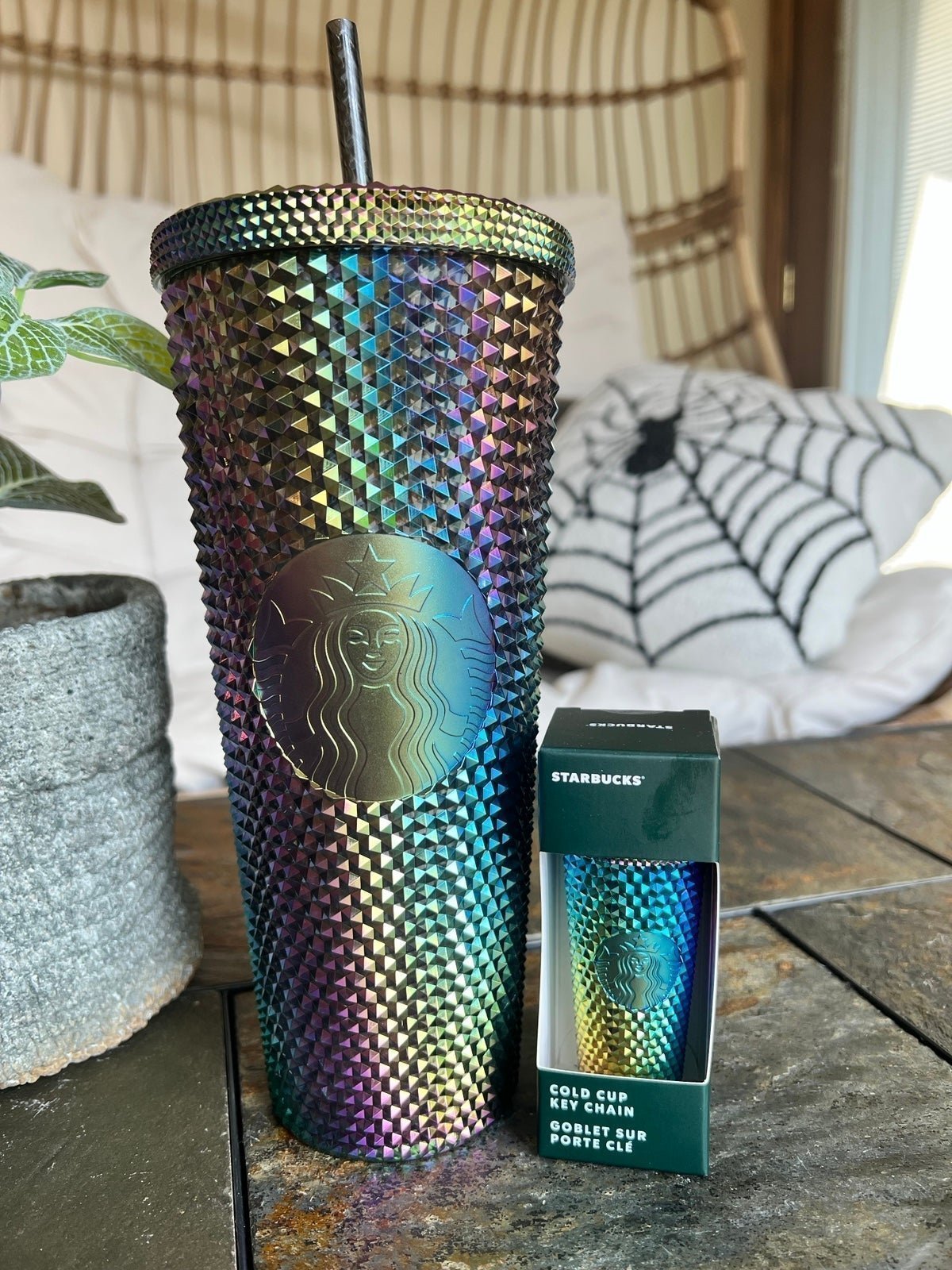 Starbucks Venti Studded Oil Slick Cold Cup Tumbler and Key Chain