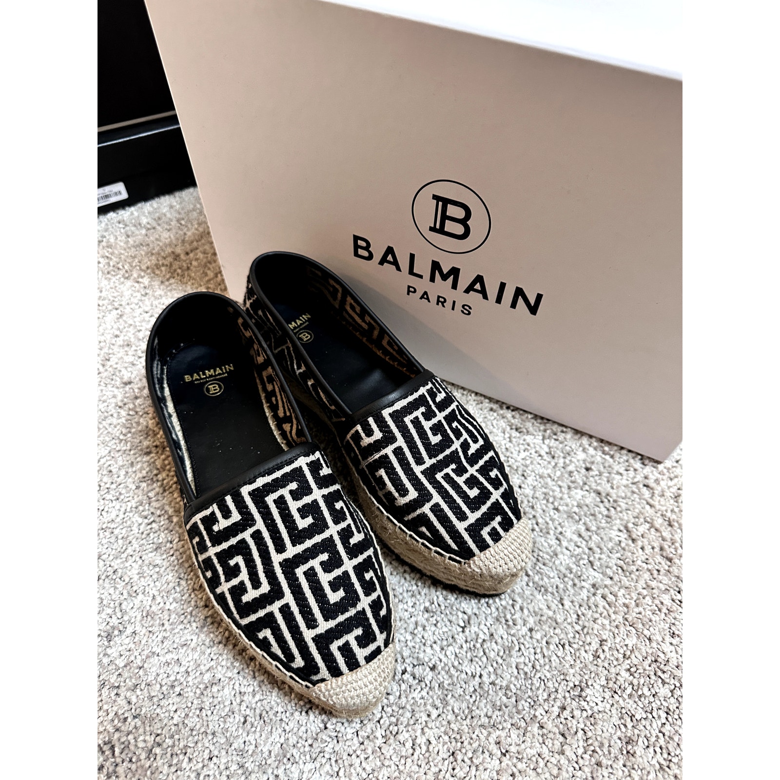 Balmain Black White Monogram Espadrille w/ Box Size 37