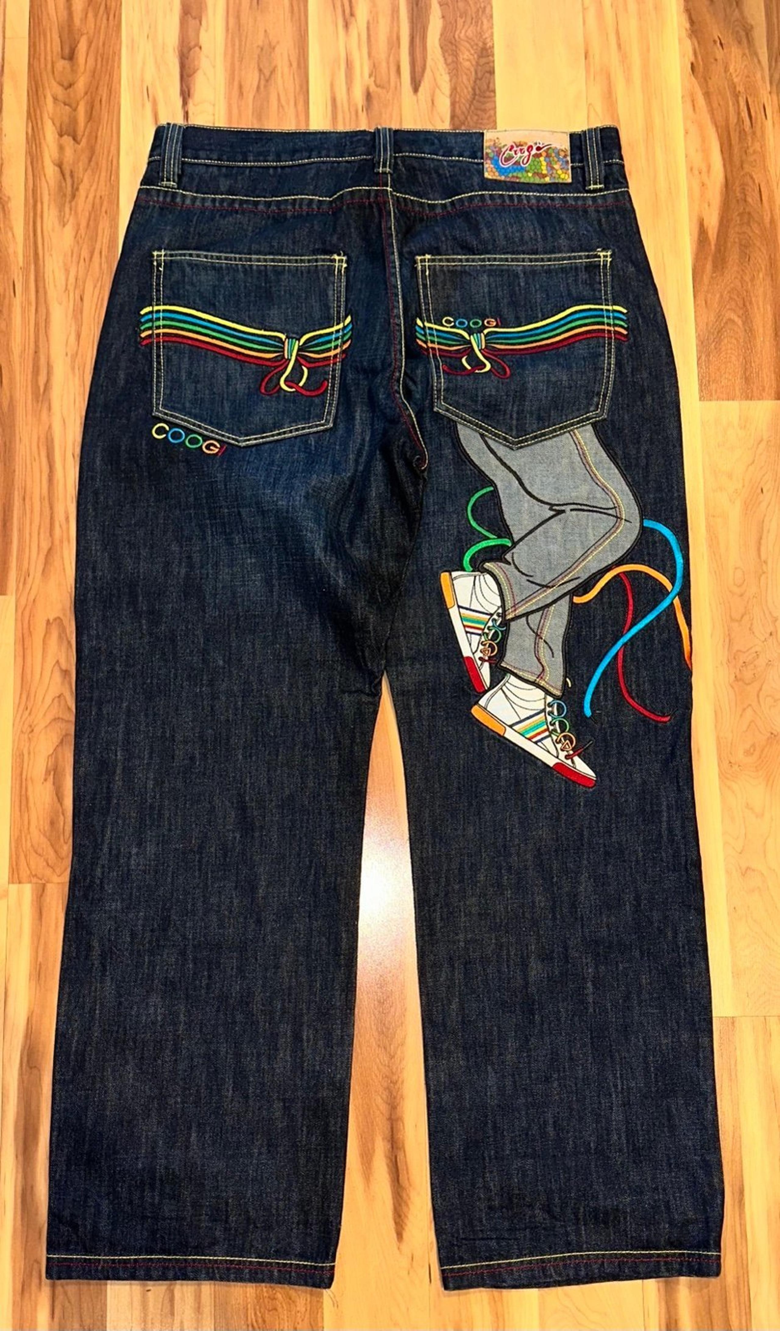 Vintage COOGI Denim Jeans Men 38x34 Baggy Hip Hop Wide Legs Sneakers 90’s Style