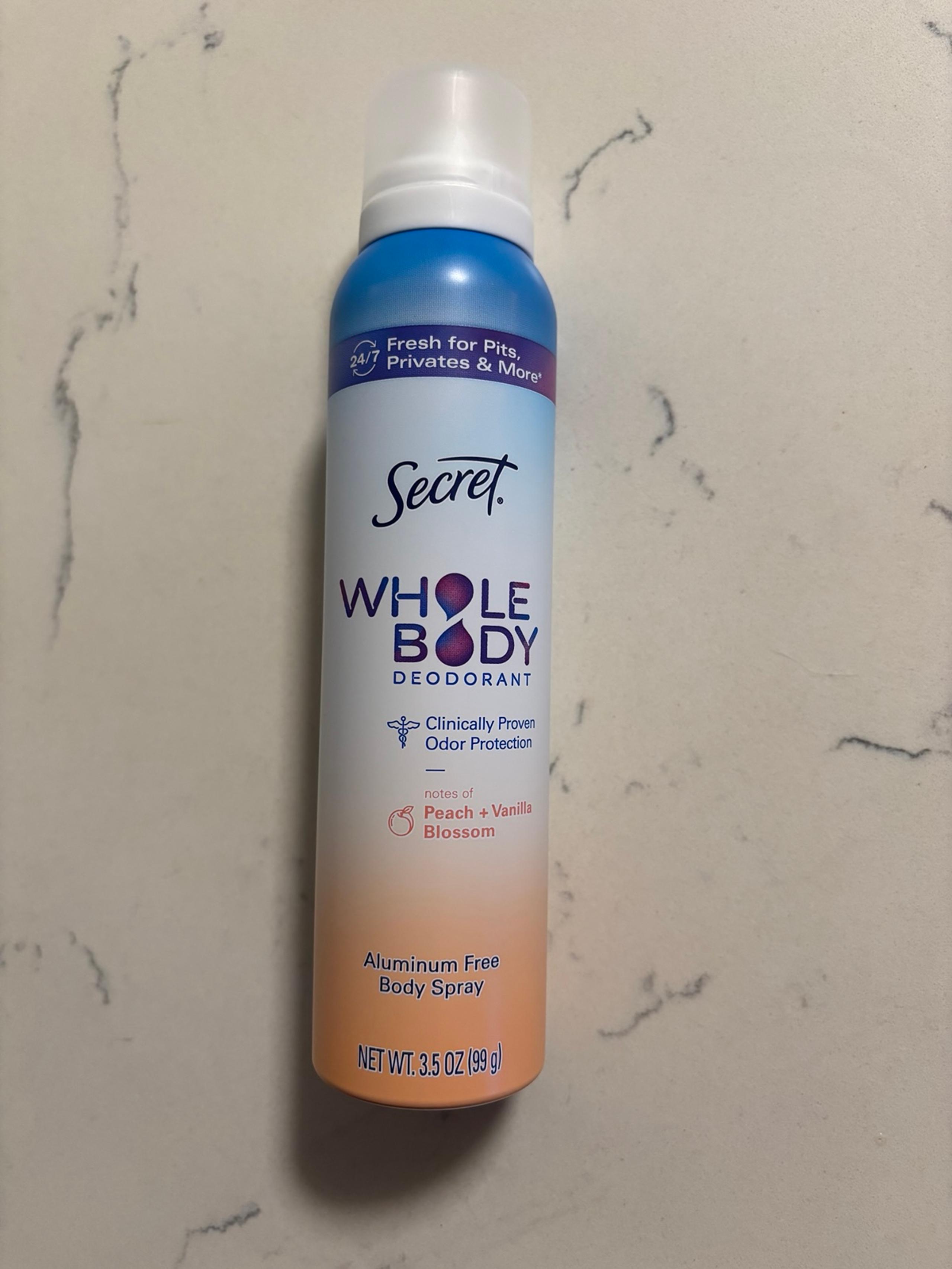 Secret Whole Body Deodorant Spray, New, 3.5oz, Peach & Vanilla Blossom