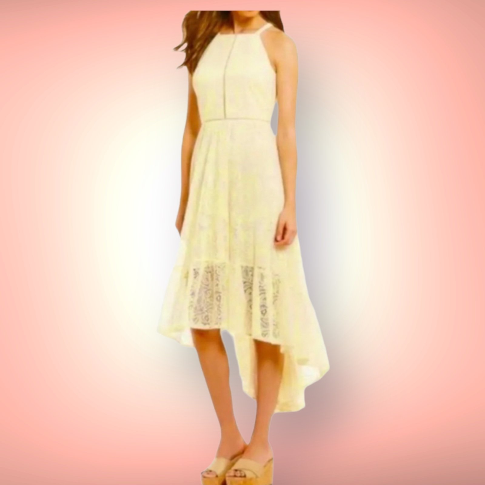 Women’s size 2 Vince Camuto Lace Halter High-Low Cream Dress with ruffle Trim