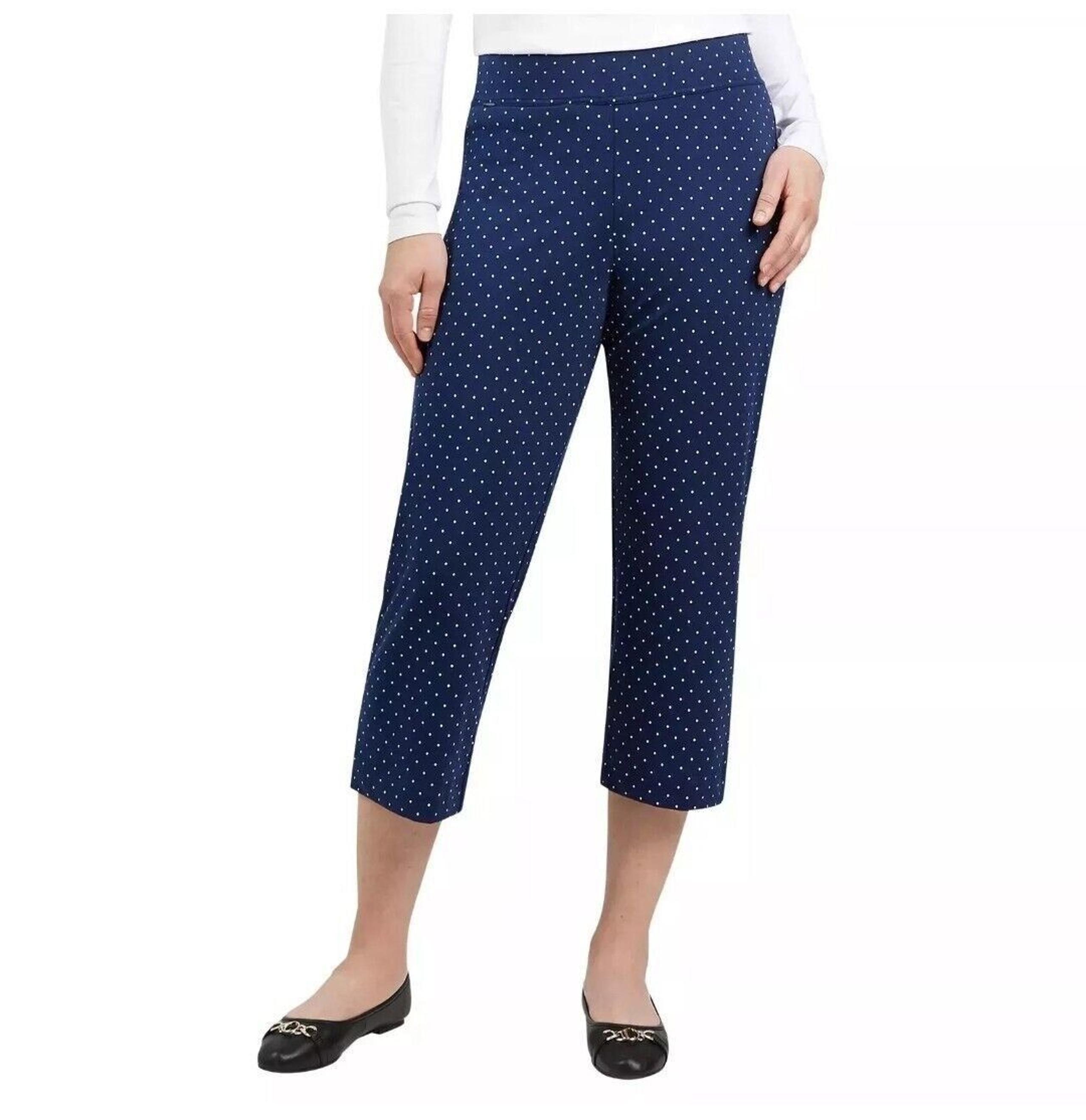 Lands End Womens Shore Stretch Knit Cotton Blend Capri Pants Blue Polka Dot, S