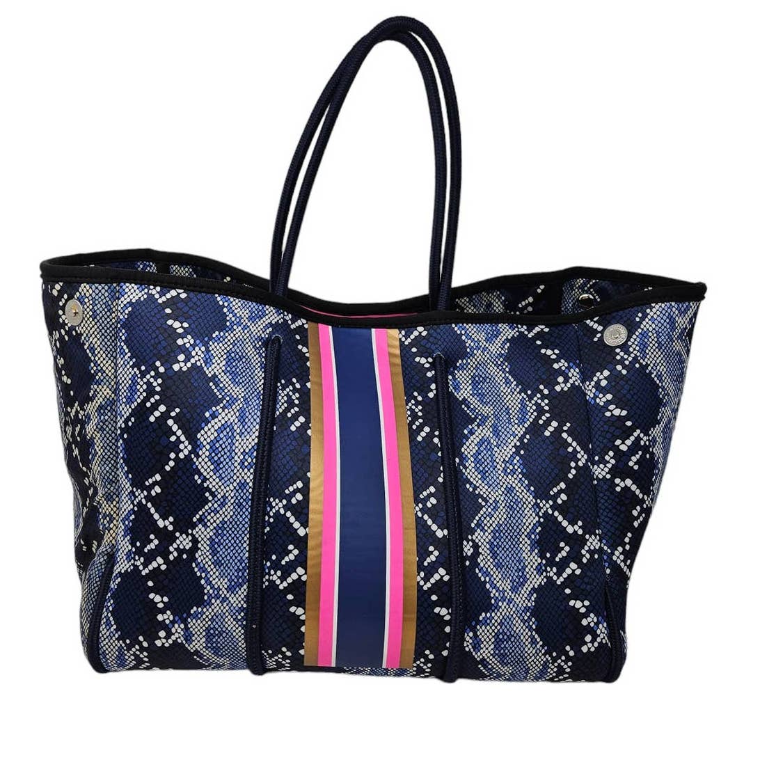 Taylor Gray Neoprene Bags Sarah Large Tote Blue Snakeskin Travel Preppy Stripe