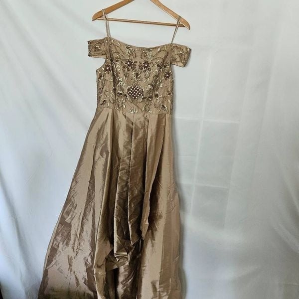 Adrianna Papell Antique Bronze Beaded High Low Off Shoulder Ball Gown sz 12 NWT