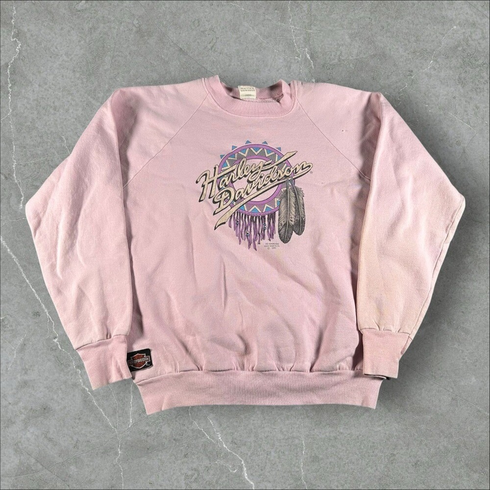 Vintage 3d Emblem Sweatshirt Womens Large Pink Harley Davidson Dream Catcher 90s