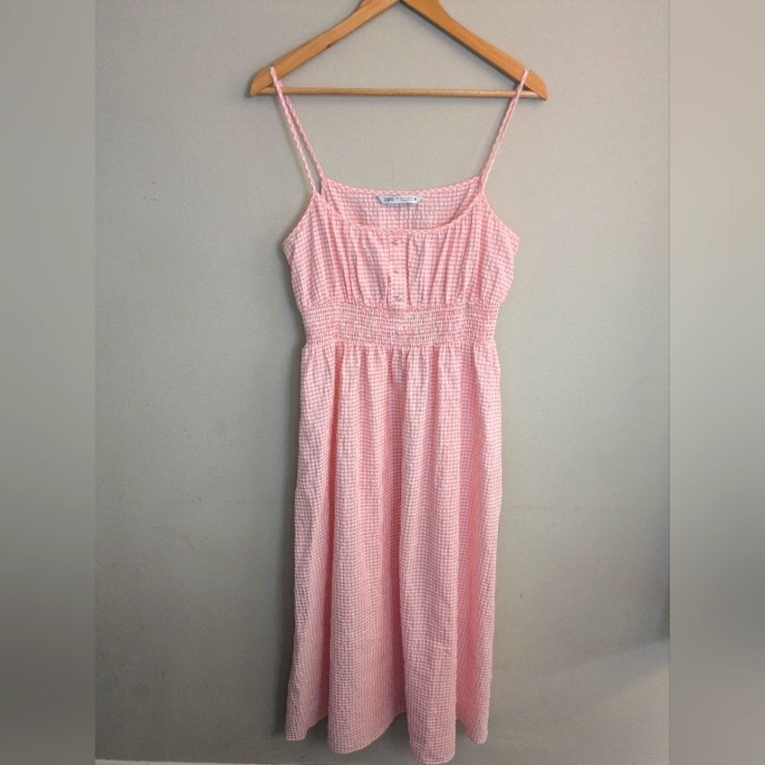 Zara Bubblegum Pink Gingham Babydoll Midi Dress Size M