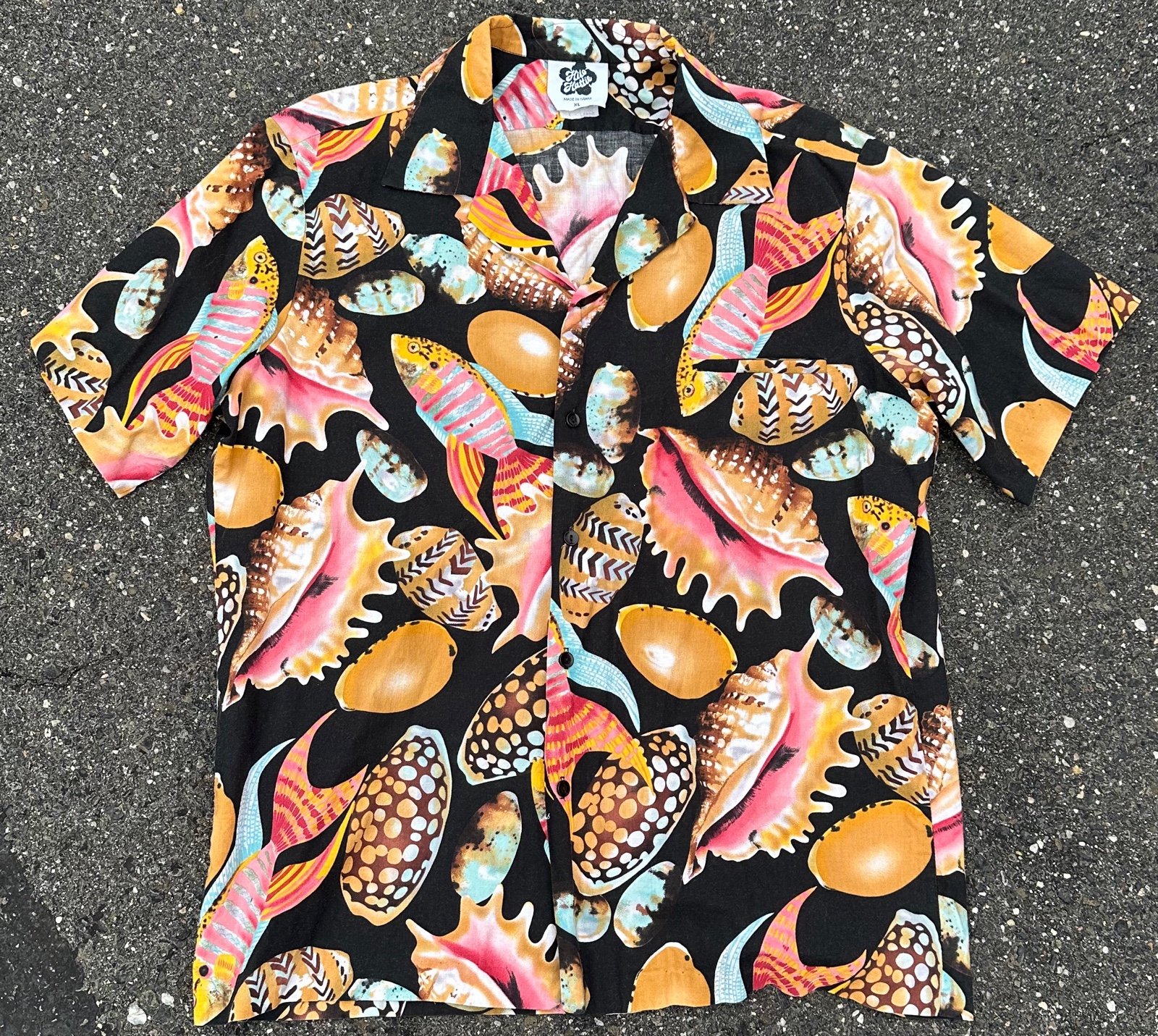 VTG HILO HATTIE Hawaiian Shirt MENS XL FISH CONCH AOP Rare Shirt HAWAII MADE