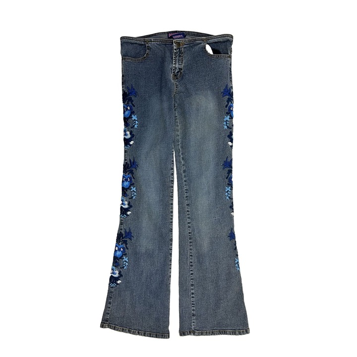 VTG Y2K Womens 10 Floral Stitched Faded Mid Rise Bell Bottom Flare Jeans