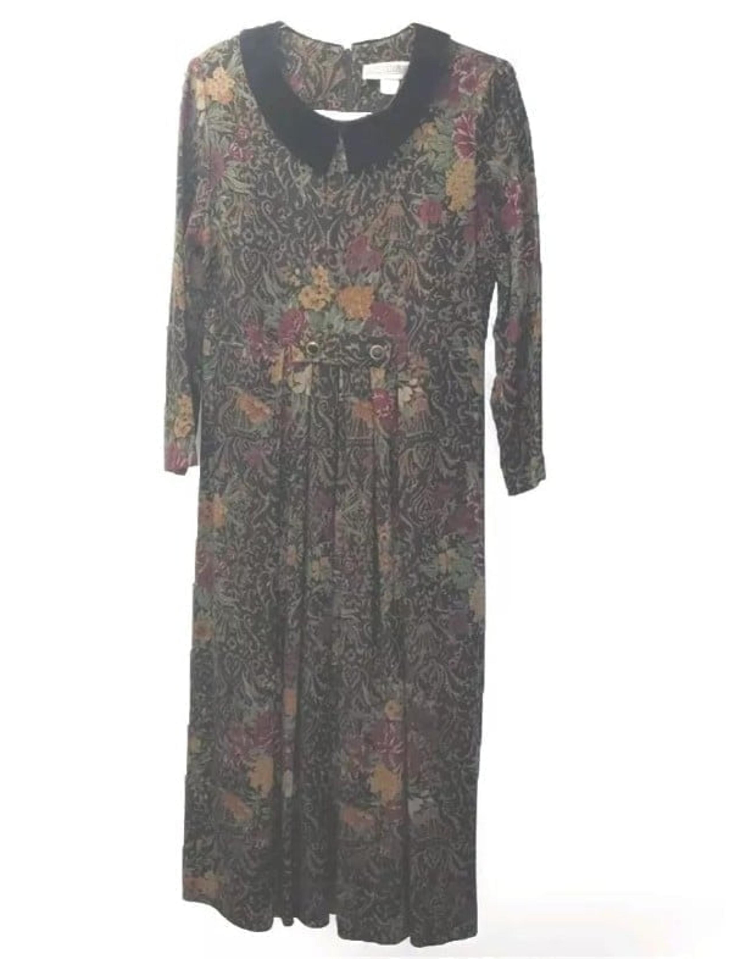 Vtg Jessica Howard Fall Tapestry Dress Woman 14 Black Floral Fairy Cottage Belt