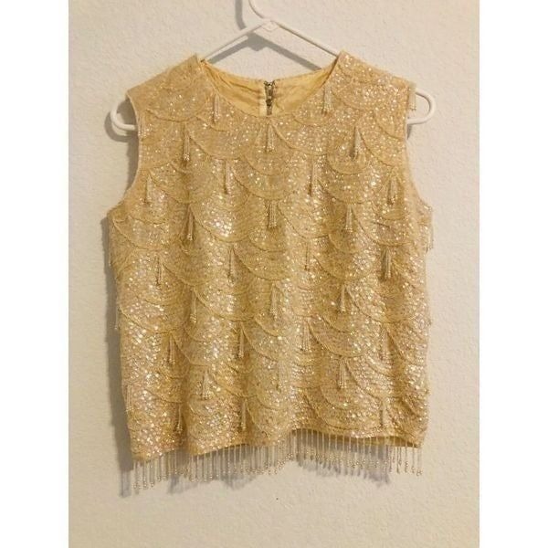 Vintage 1960’s sequin beaded cream mother of pearl womens elegant top si
