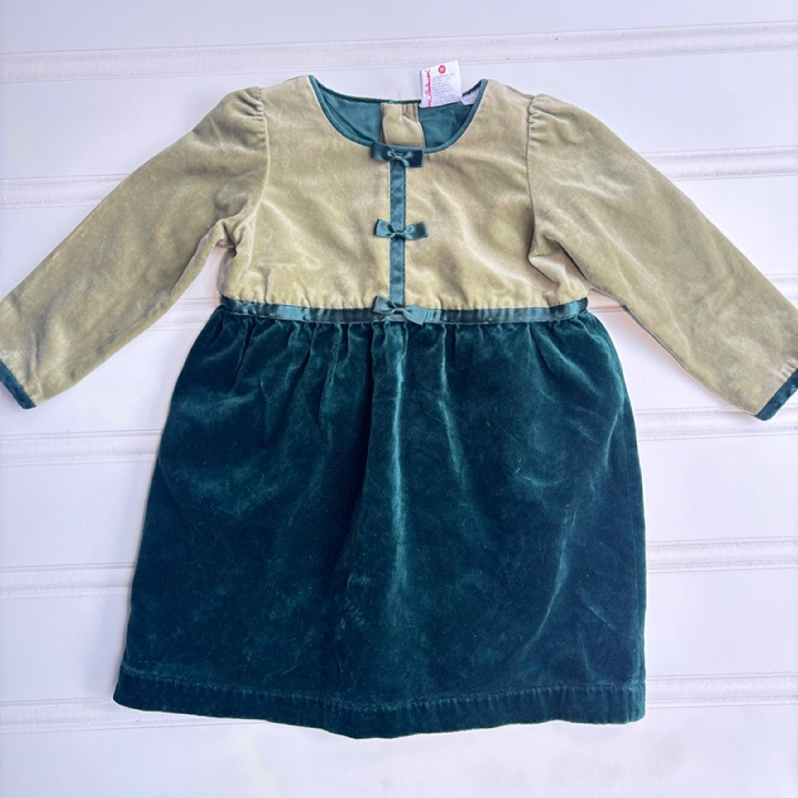Hanna Andersson Girls Dress size 80 Holiday Green Velvet color block bow 18-24M