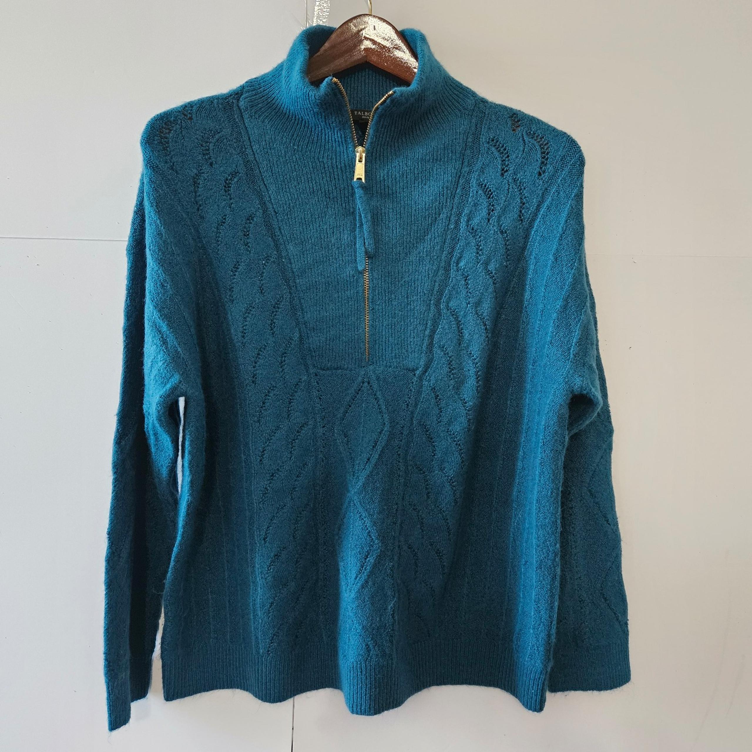 Talbots Petites Size Lp Teal Blue Cable Knit Zip Neck Long-Sleeved Women's Sweat