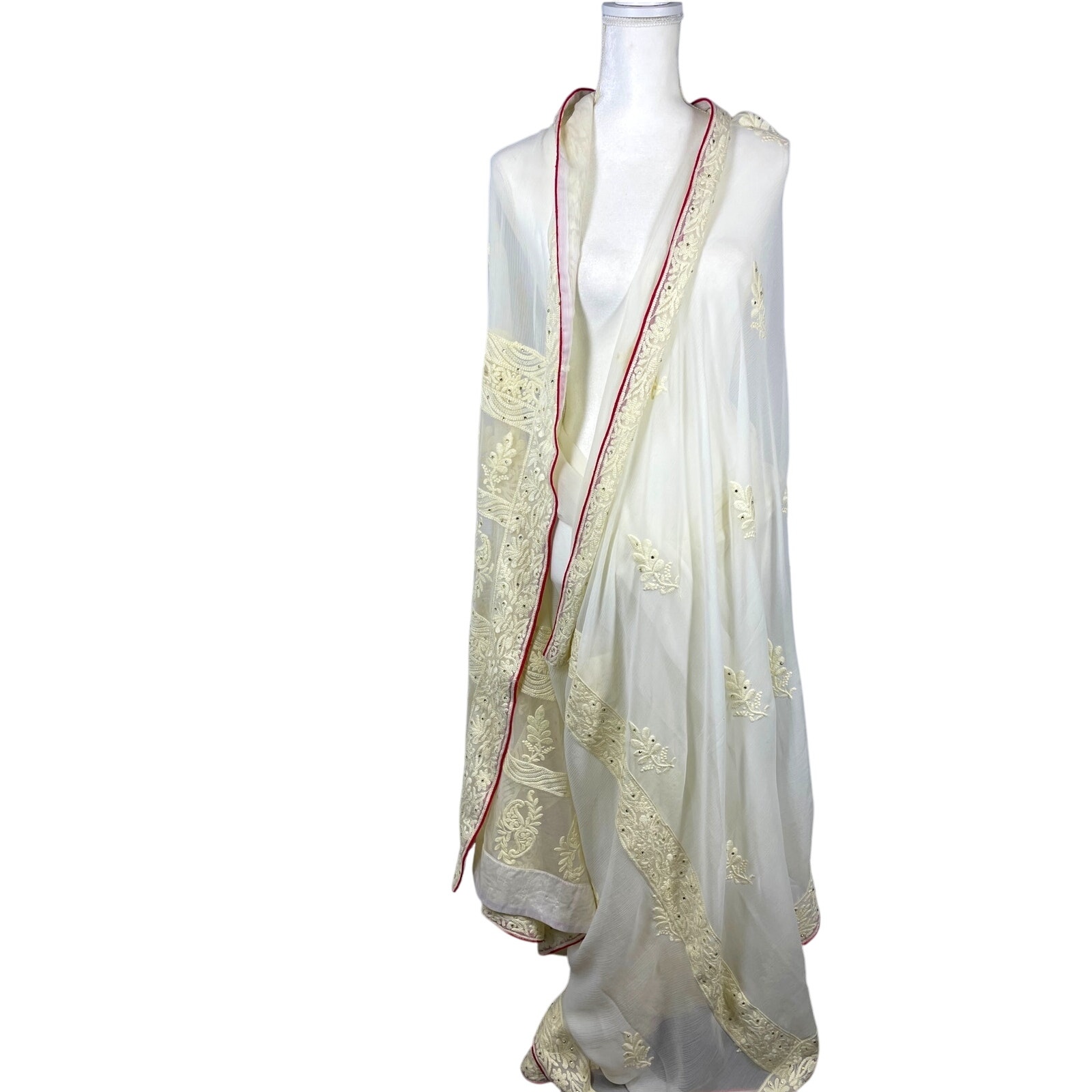 Off- White Floral Embroidered Saree with Red Trim, Traditional, Intricate, Gems