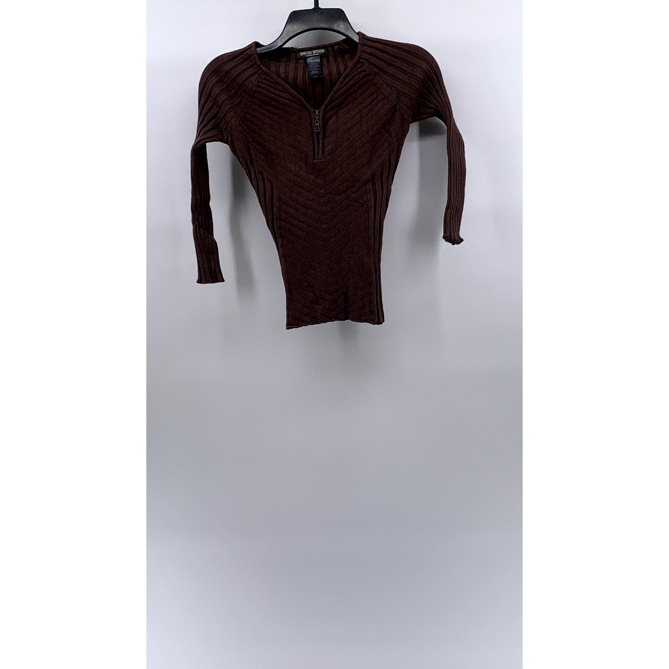 BISOU BISOU Women’s Brown Wide Rib Long Sleeve Half-Zip Sweater Top SZ XS