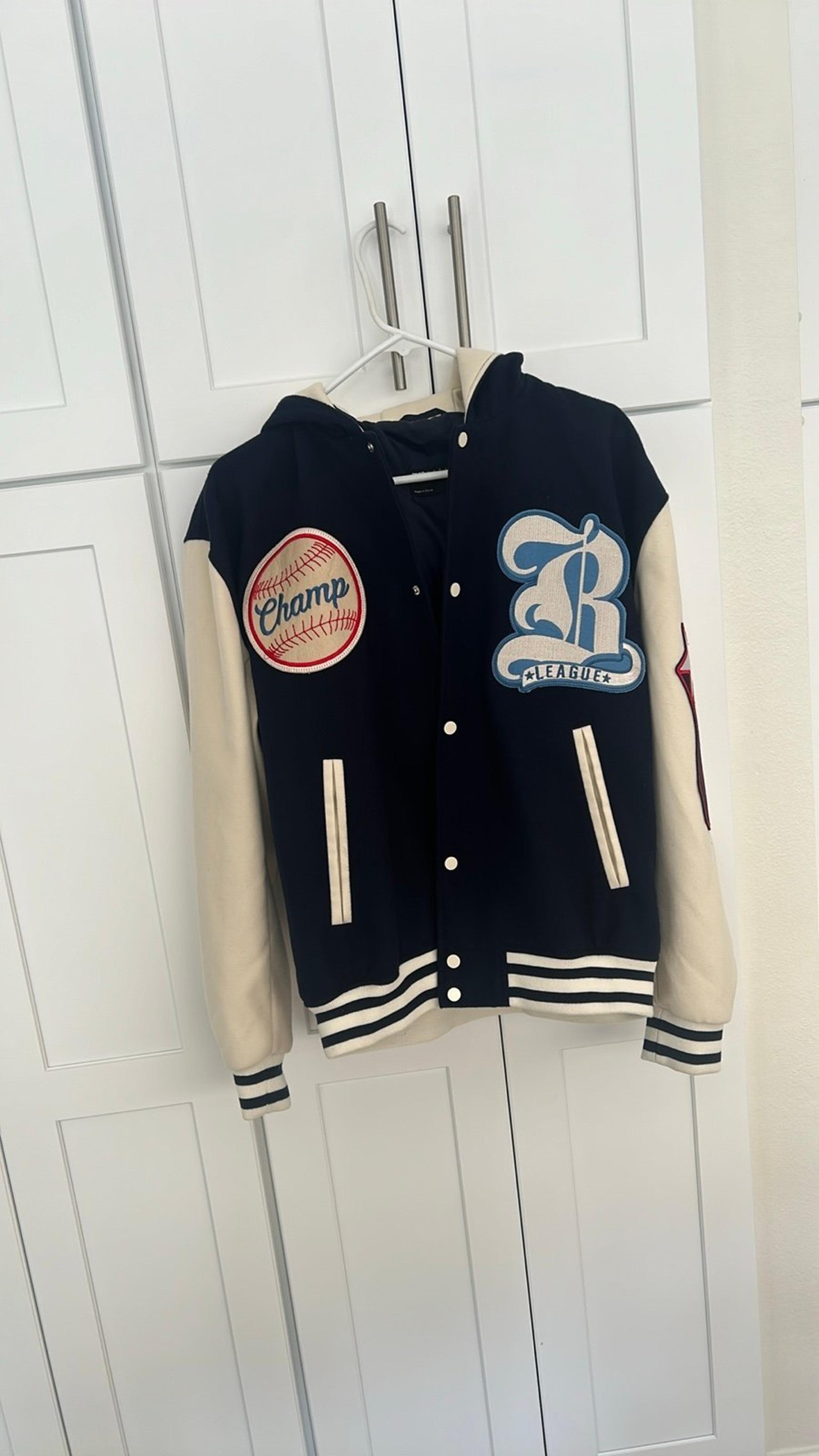 ASOS DESIGN oversized wool look varsity bomber jacket with hood in navy