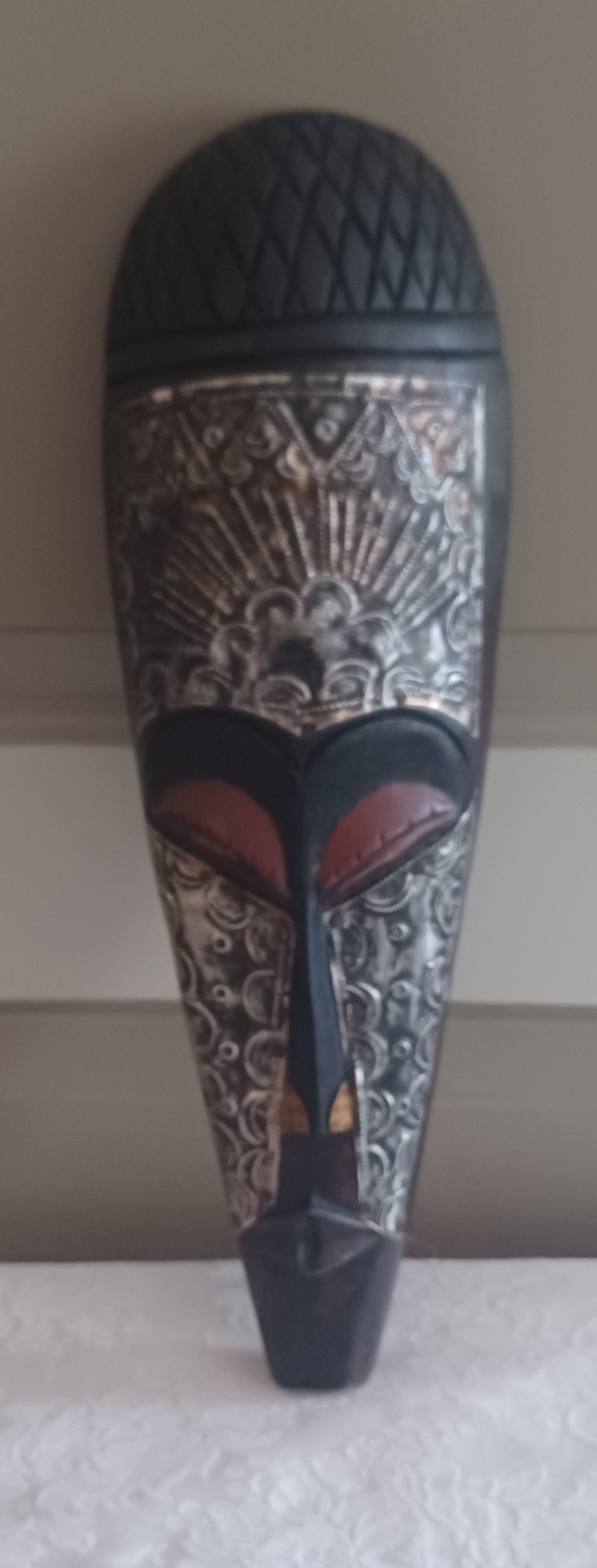 Ghana African Hand Carved Wooden Tribal Mask w Stamped Metal Accents 17” x 7”