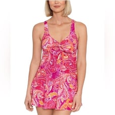 NWT SWIM SOLUTIONS Tummy Control Plus Size Bow Front Swim Dress Pink Size 16W