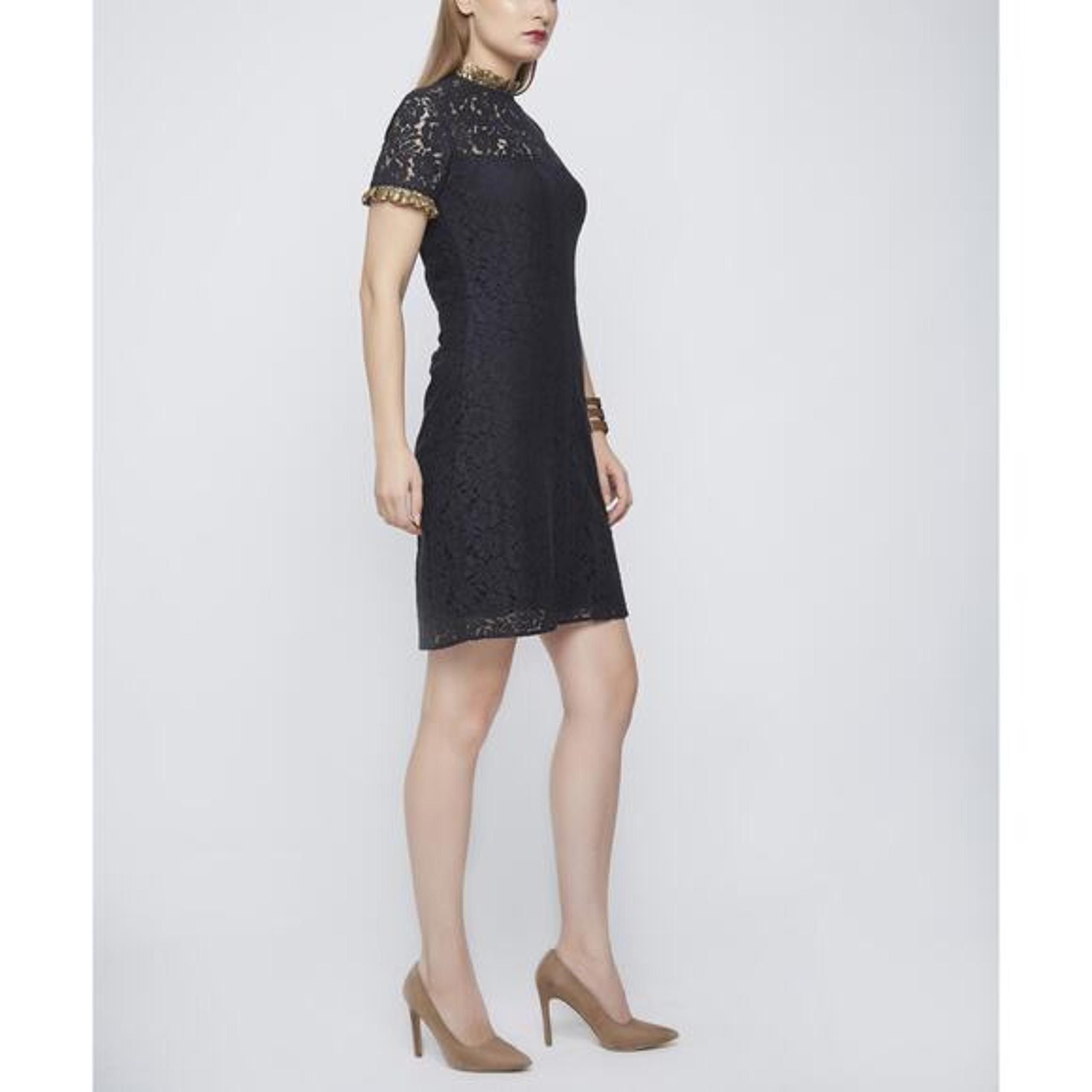 Samshek Short Sleeve Gold Ruffle Lace Overlay Dress Floral Black