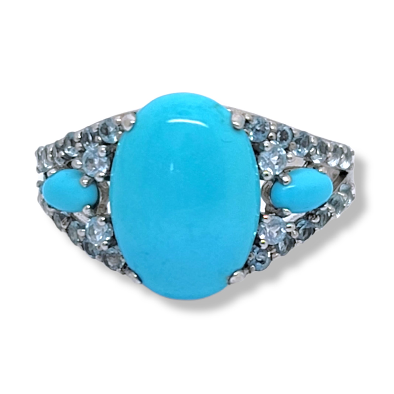 Platinum on Sterling Silver Oval Cabochon Sleep Beauty Turquoise Blue Topaz Ring