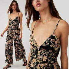 Free People Dainty Cottage Floral Linen Wide Leg One Piece Jumpsuit XS Ruffle