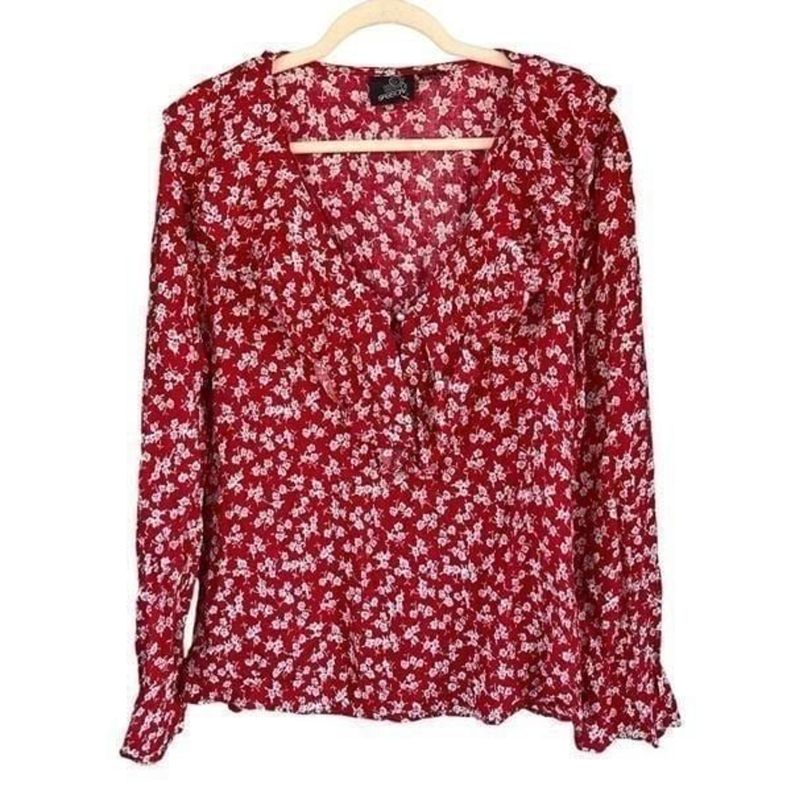 Sasson Women's Floral Ruffle V-Neck Poet Long Sleeve Blouse Red Size Medium