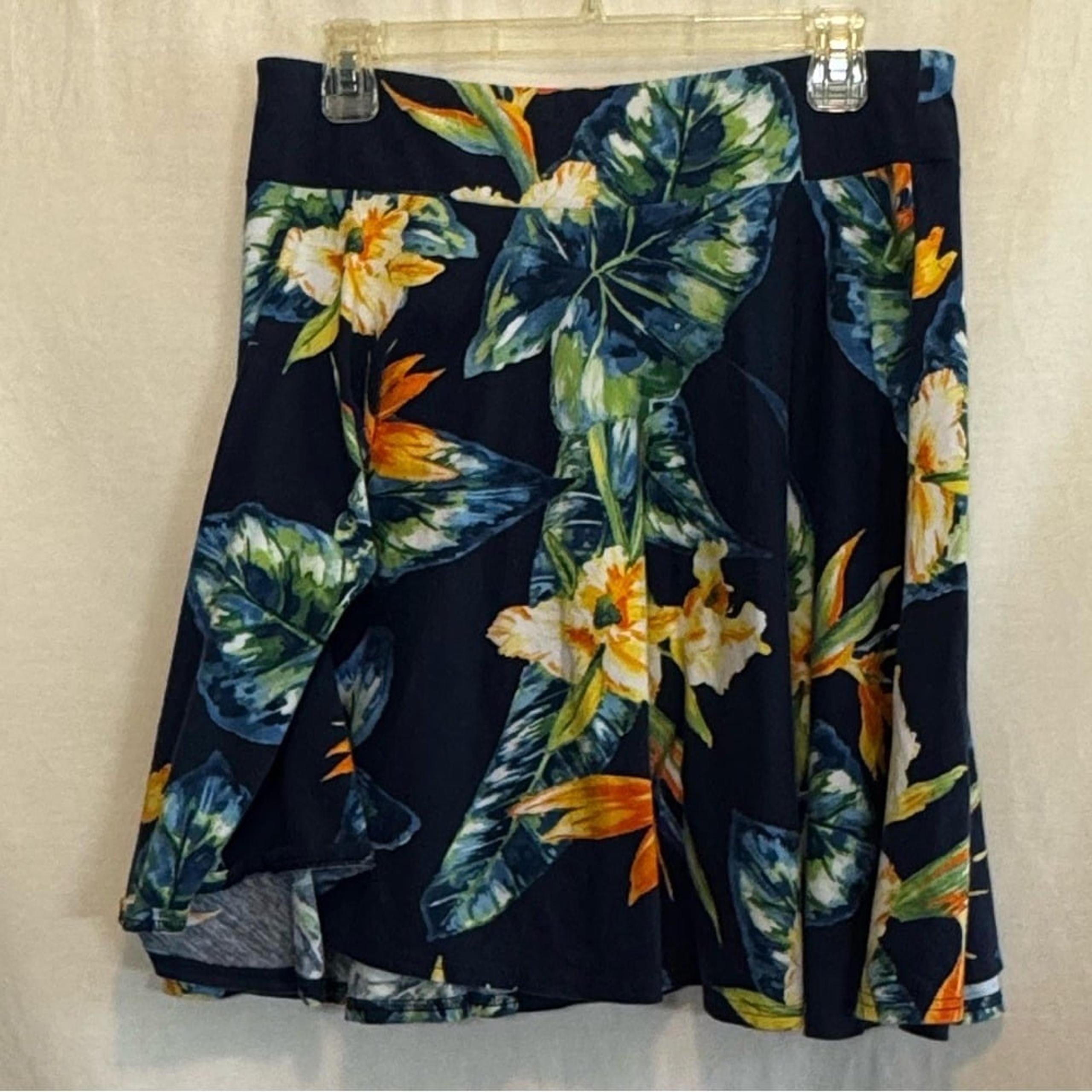 E-63 Chaps Blue & Orange Tropical Floral Print Pull on MIDI Skirt Size M