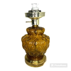 Vintage Quilted Amber Glass Brass Electric Hurricane Style MCM Table Lamp AS IS