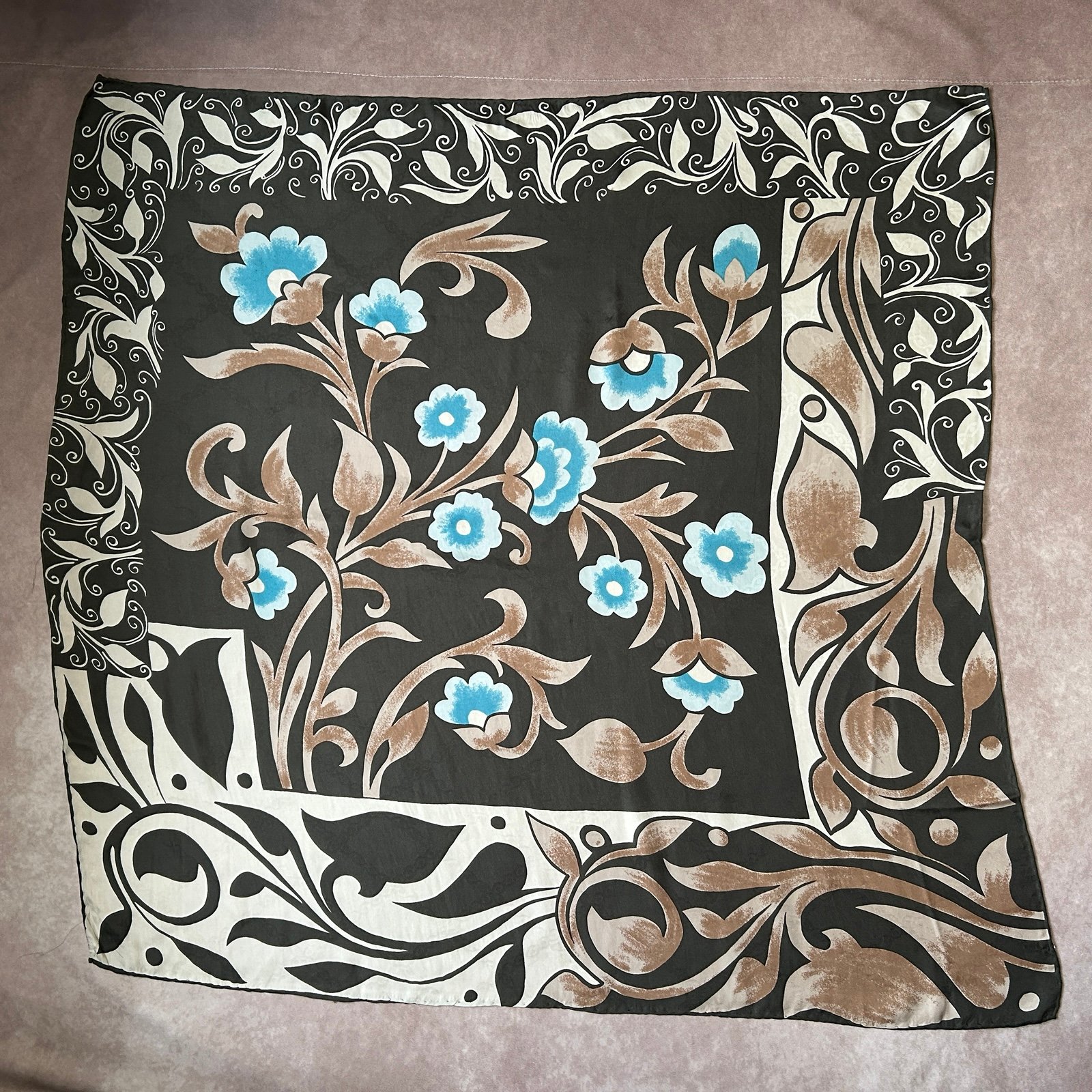 Vintage Olive Green Blue Floral 100% Silk Square Scarf Large Hand Rolled Edges