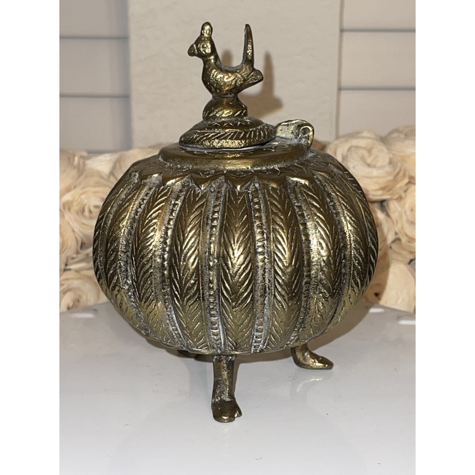 Antique Indian Cast Bronze Mughal Footed Ink Well w/ Peacock Lid & Fluted Sides