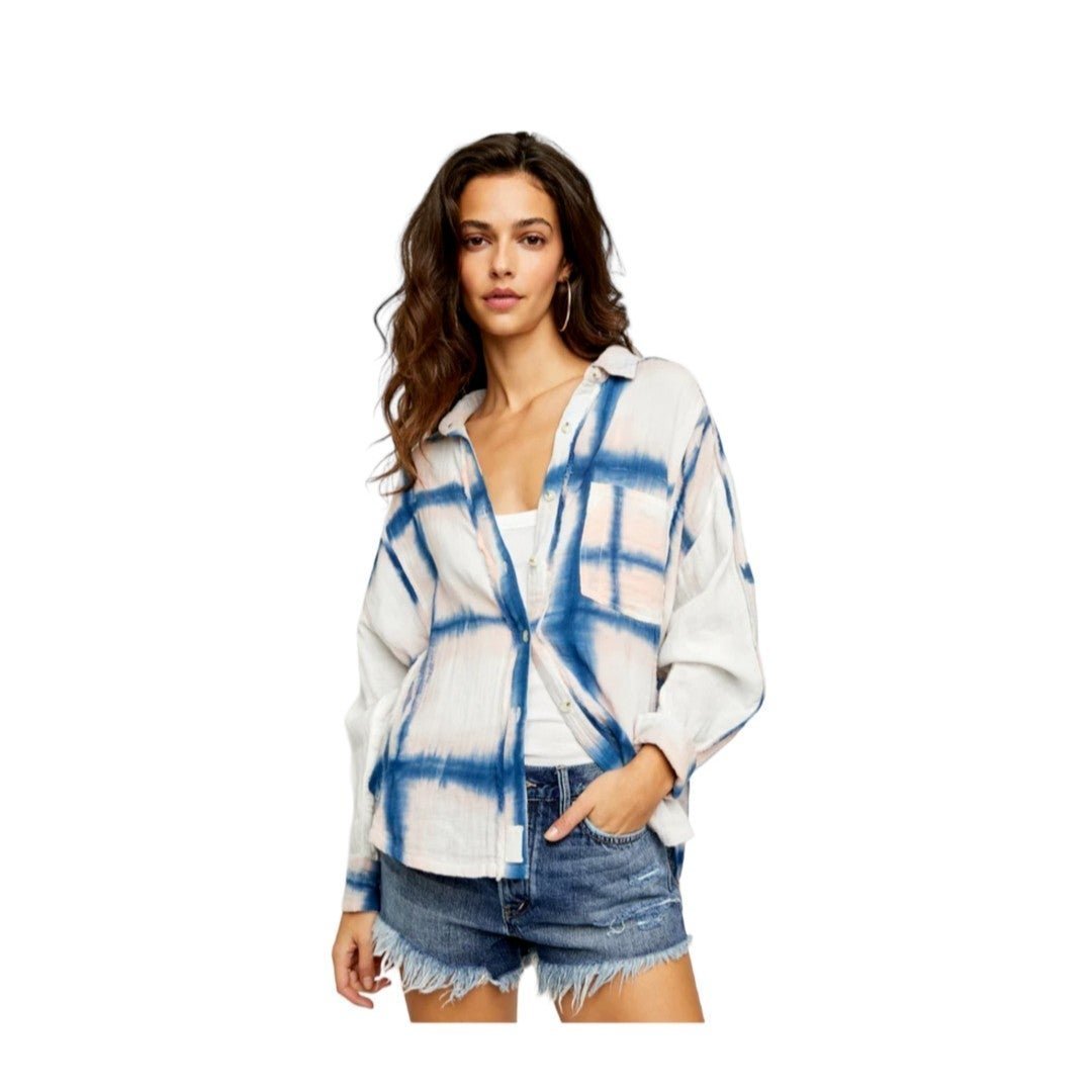 Free People We The Free Plaid Washed Away Tie Dye Button Front Shirt Size XS