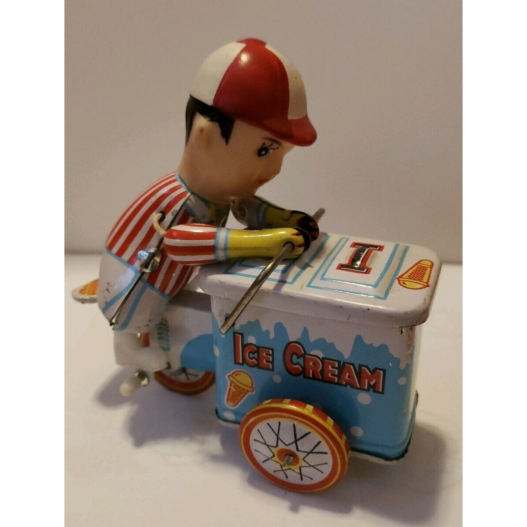 Tin Litho Wind Up reverse tricycle bike ice cream cart toy wheel pedals vehicle