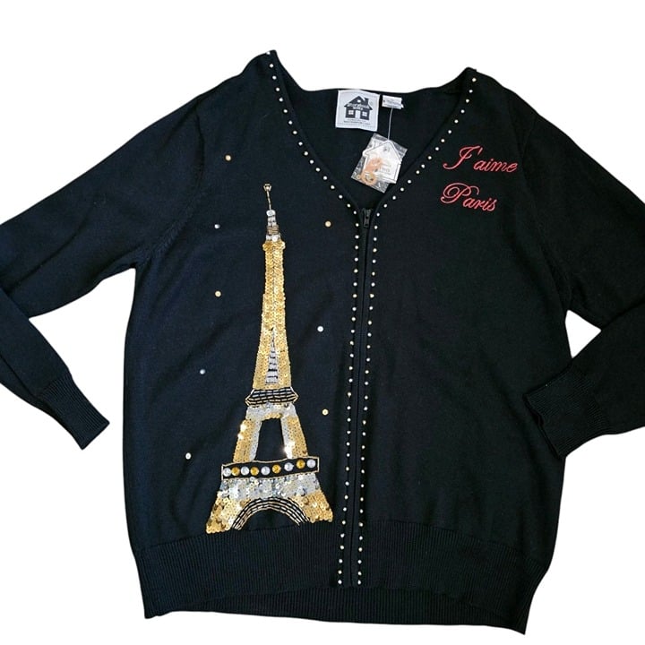 VTG Storybook Knits Paris Eiffel Tower Cardigan Sweater Beaded Sz XL 1X NWT