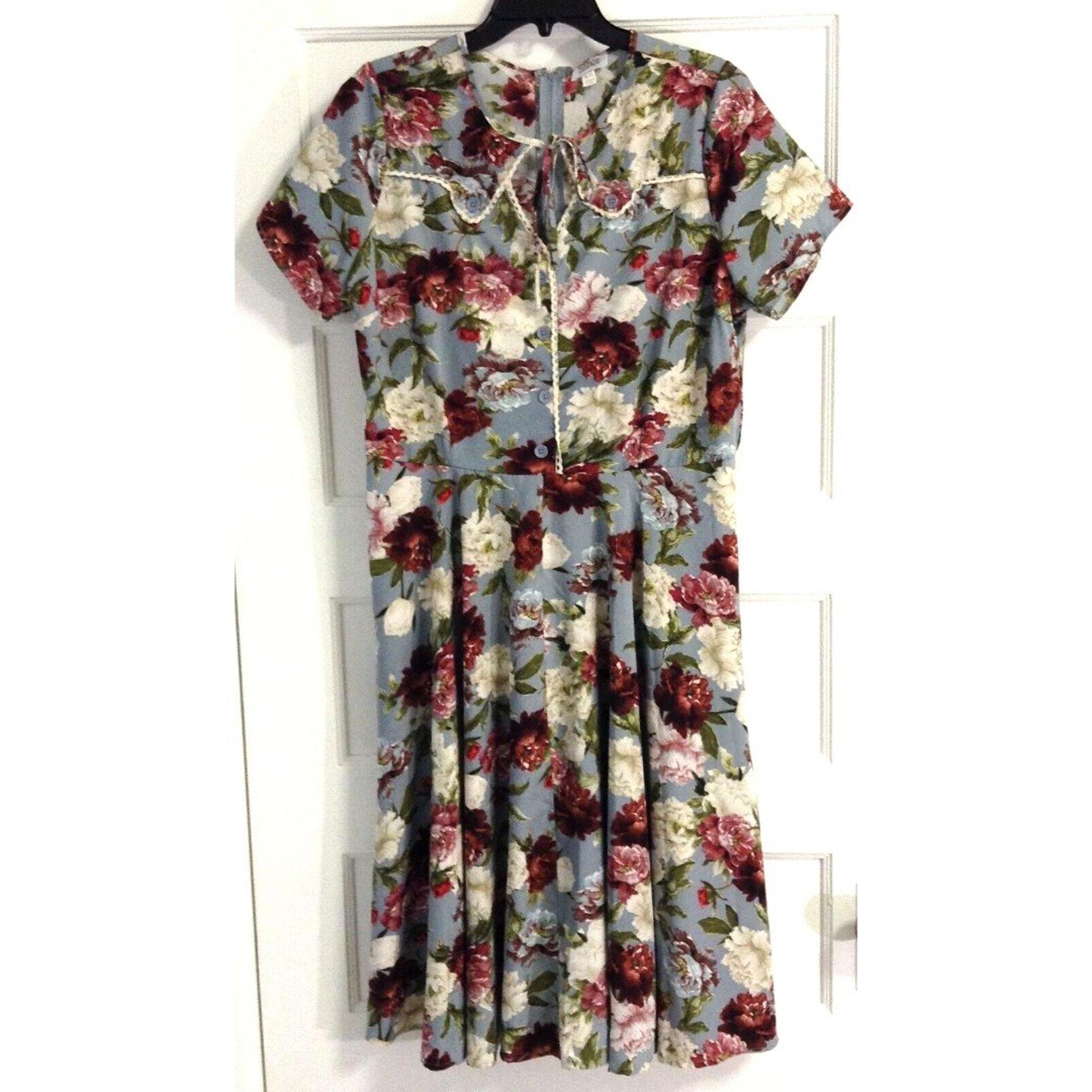 Unique Vintage Dress Women XL Blue Gray Floral Midi Swing Boho Romantic Summer