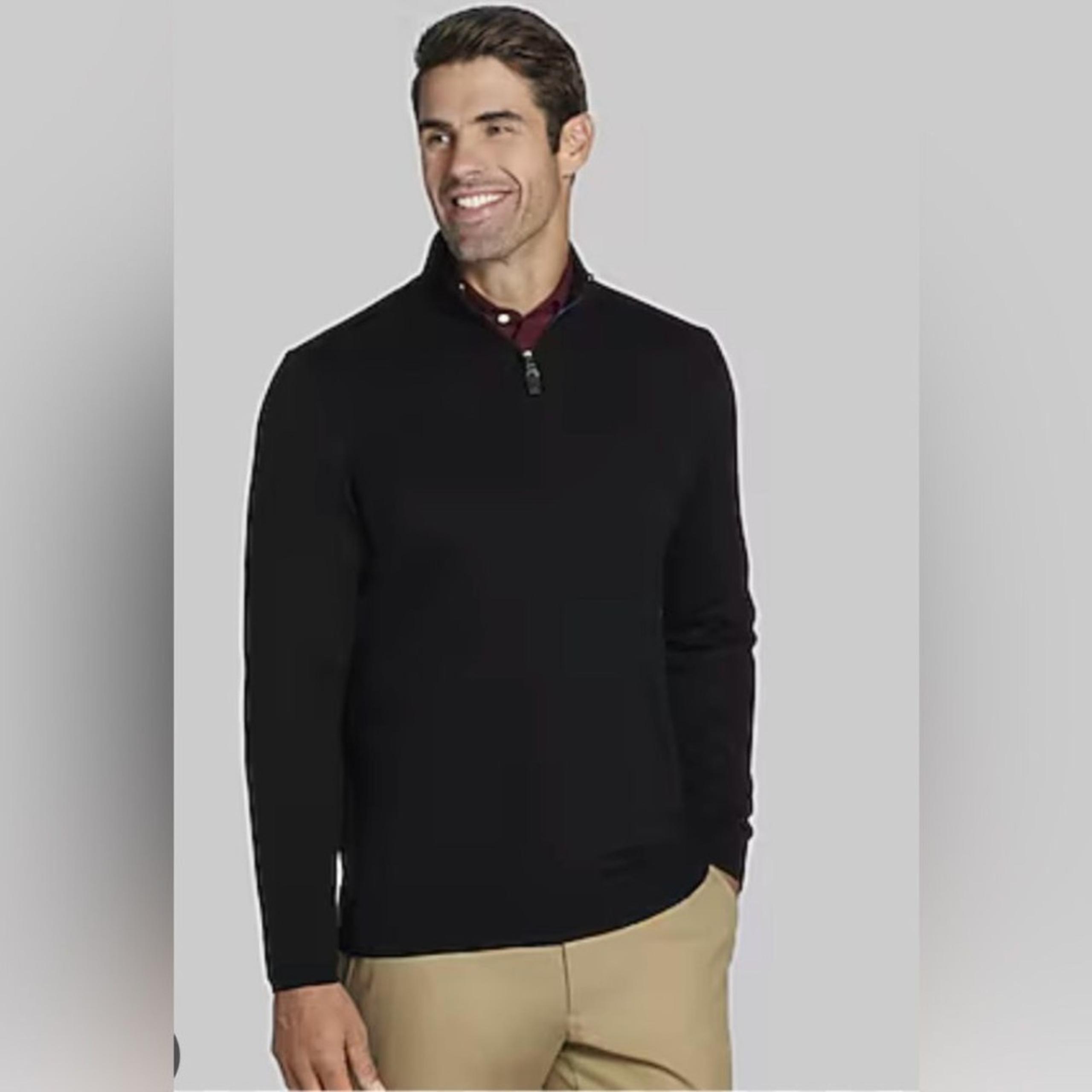 Jos A Bank Traveler Men's 100% Merino Wool Black Quarter-Zip Sweater Pullover, M