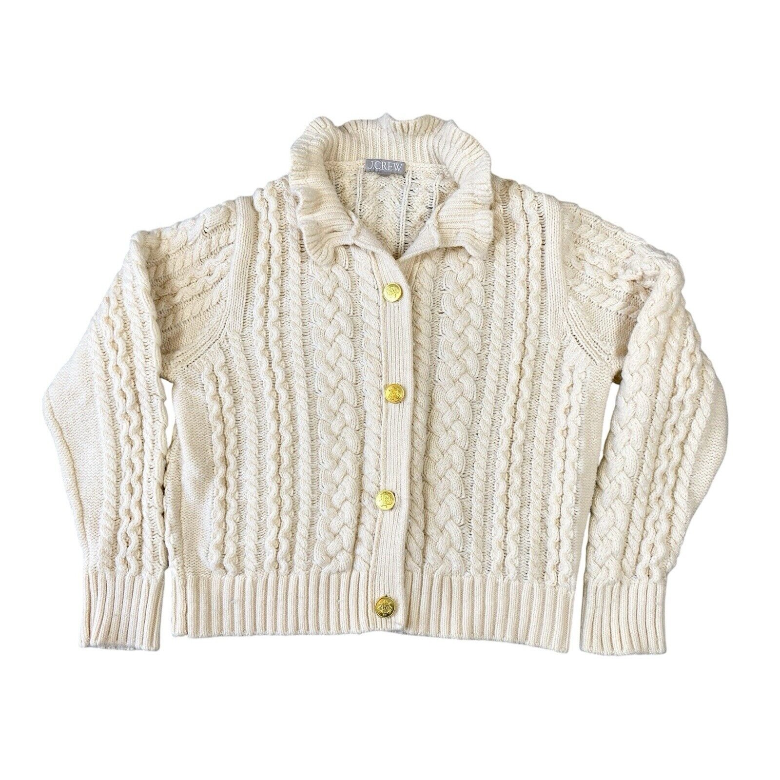 J Crew Cable Knit Ruffle Neck Cardigan Sweater XL Wool Blend Preppy Cottagecore
