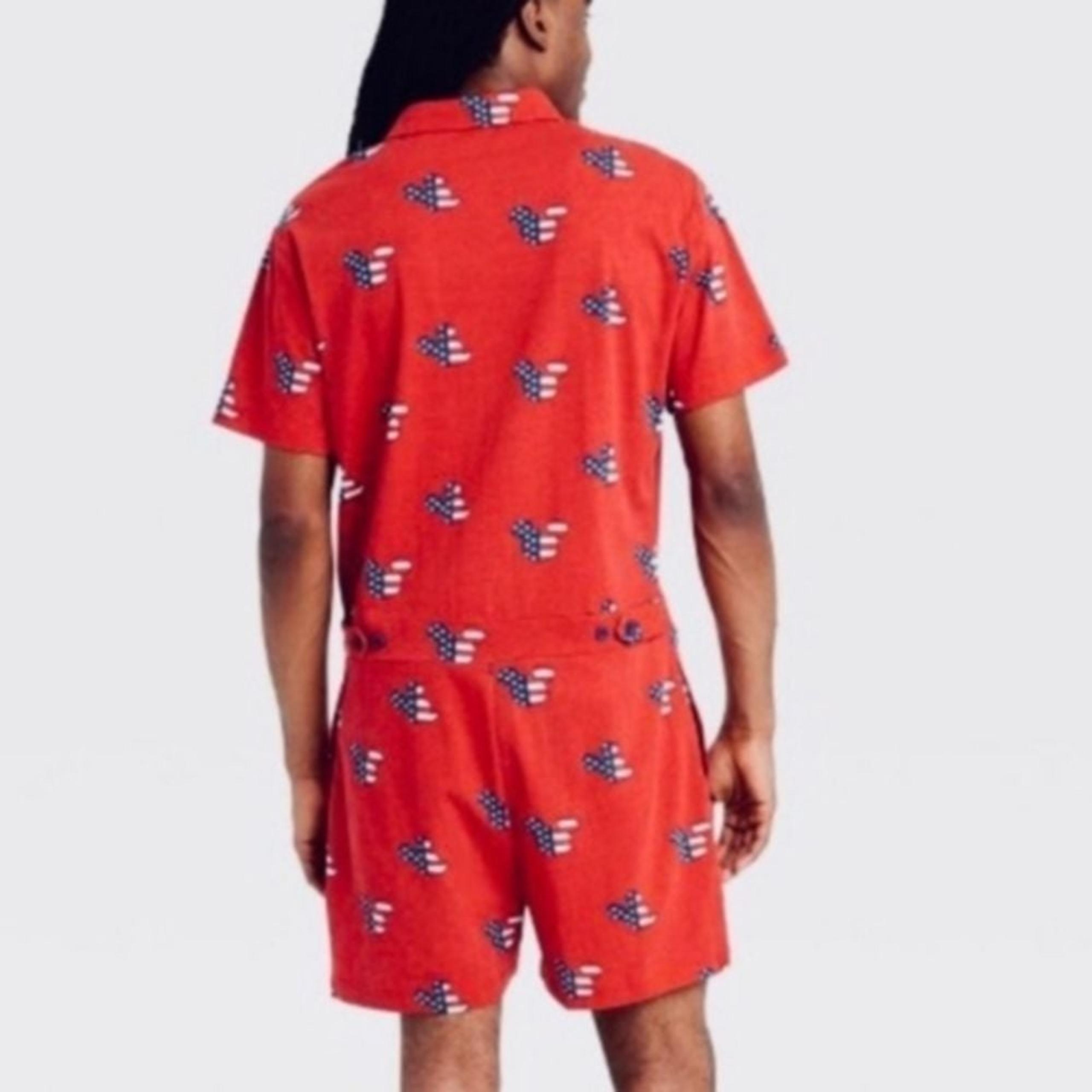 Disney Mickey Mouse Americana Pajama Romper Red  Button Front Hip Pockets Small