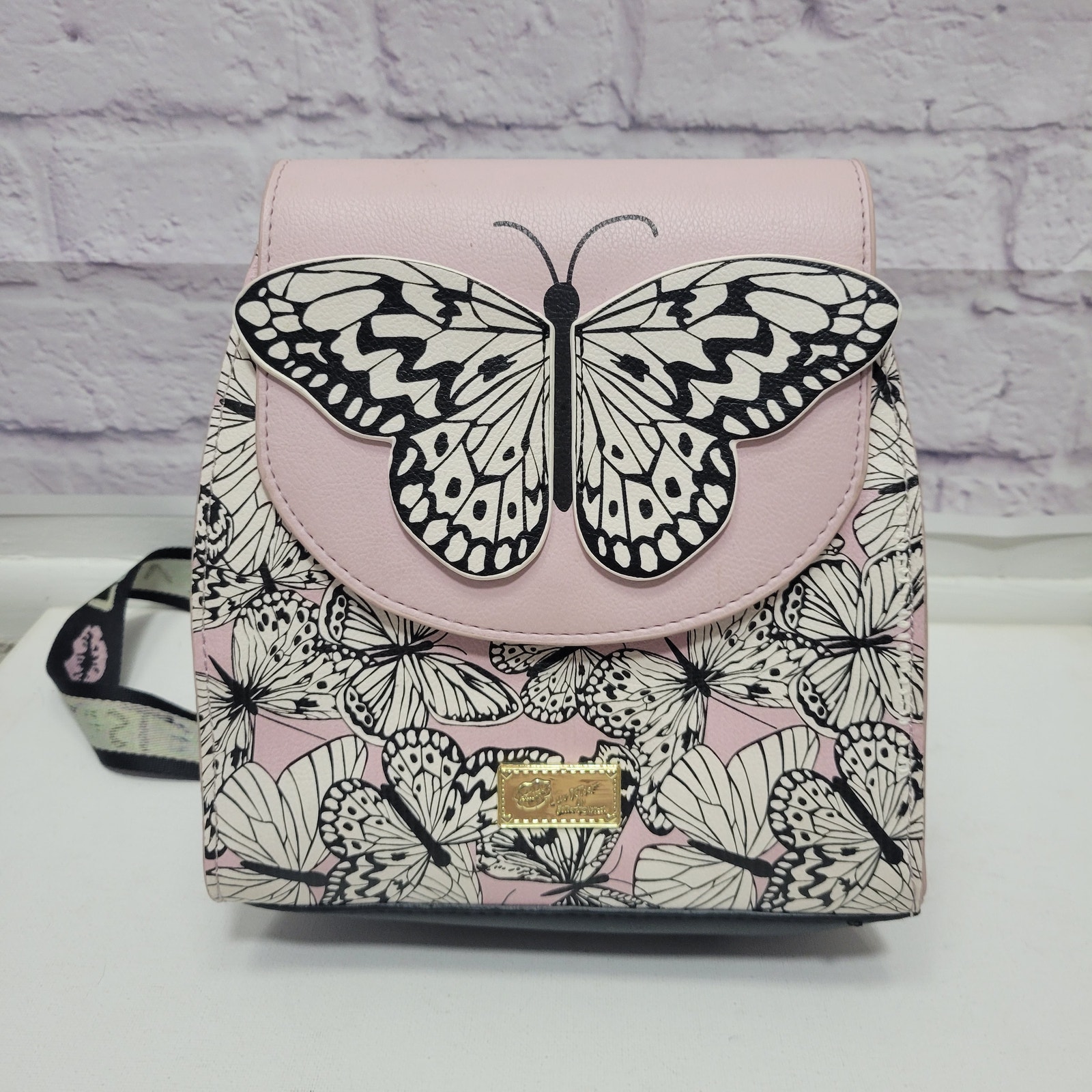 Luv Betsey Johnson Pink Black Butterfly Mini Backpack Bag Purse Tote