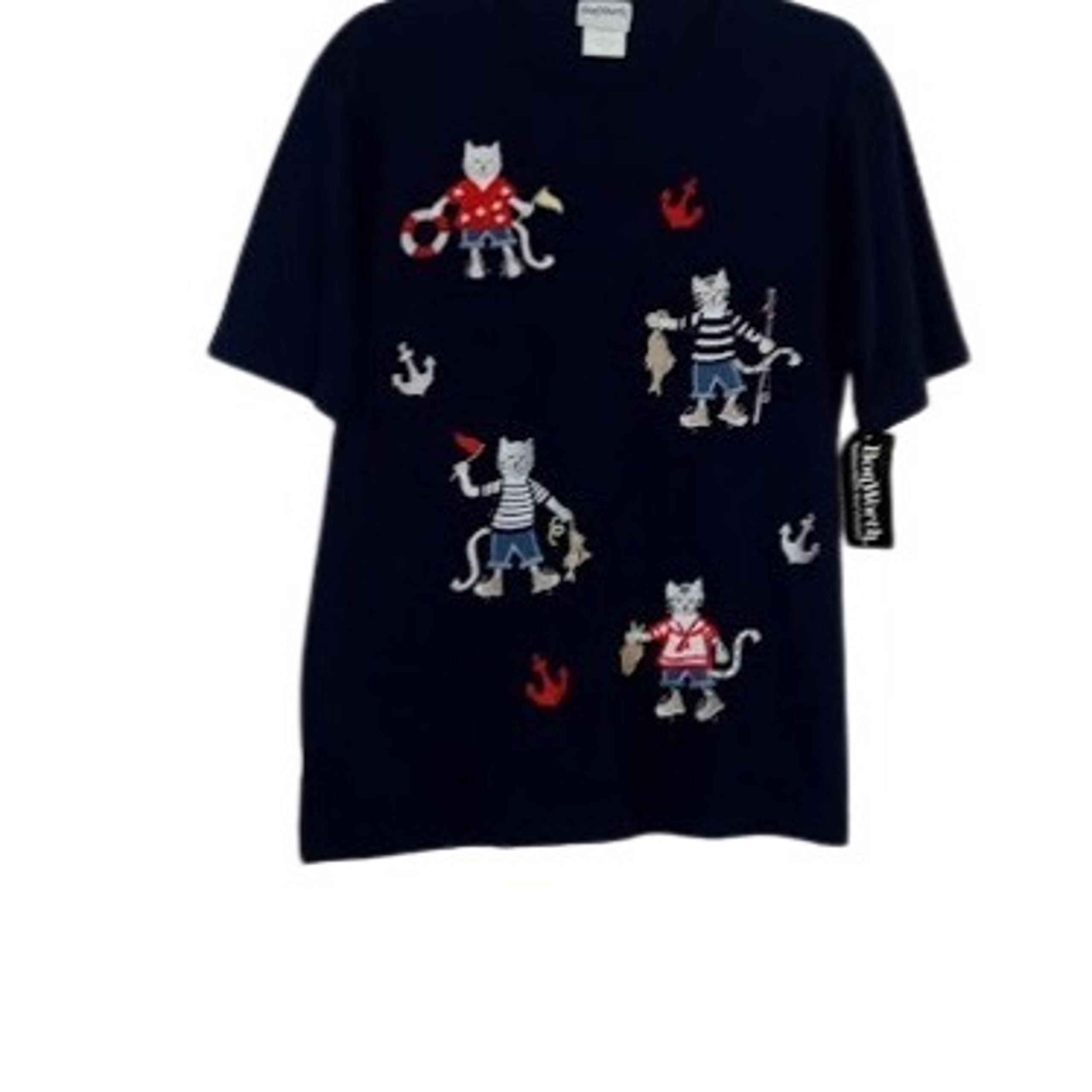 Vintage Bonworth Womens Coastal Cats Applique T-Shirt Tee Navy Nautical XS New