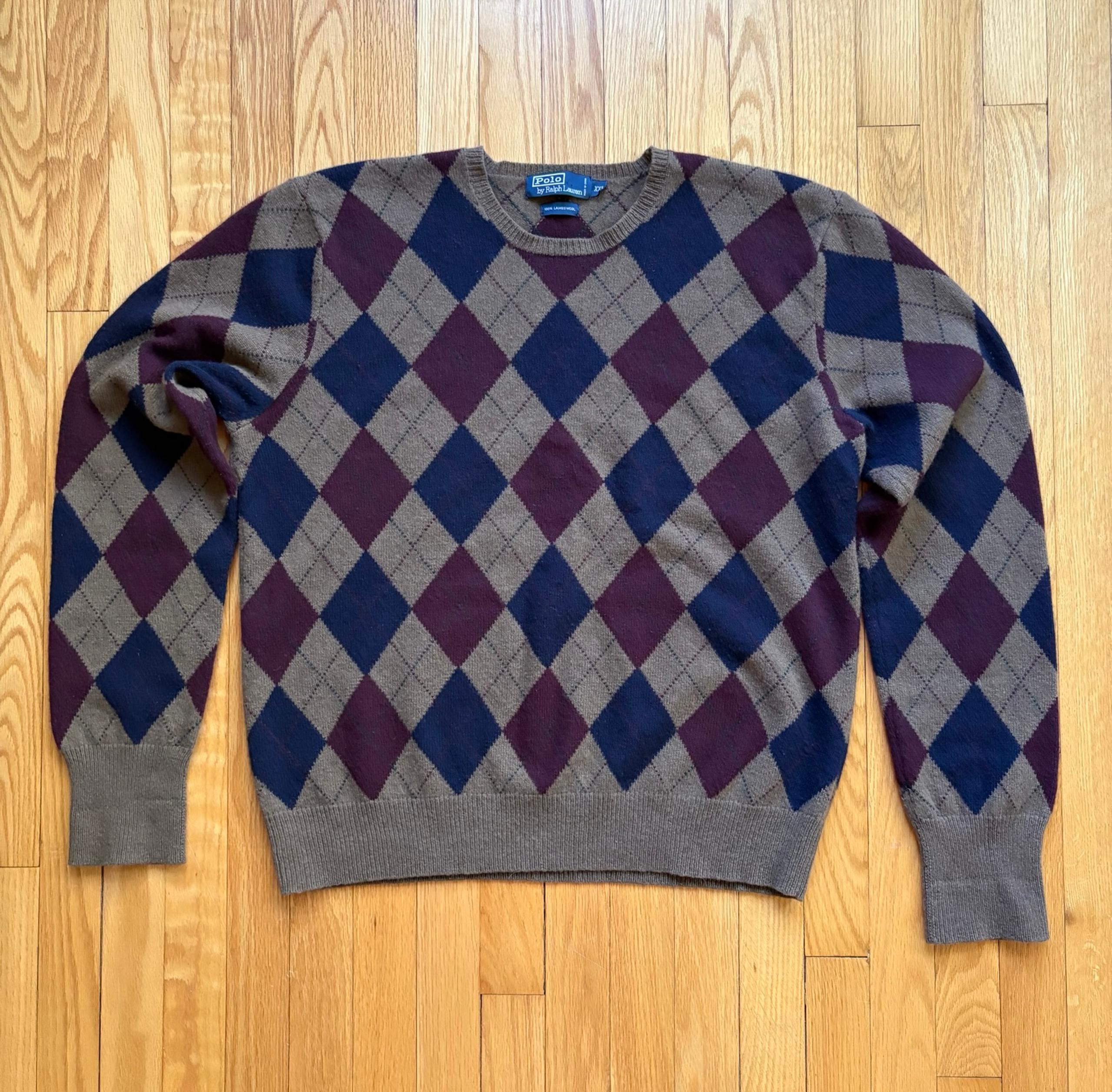 Vintage Polo Ralph Lauren Men’s Crewneck Sweater 100% Lambs Wool 2XL Argyle Blue