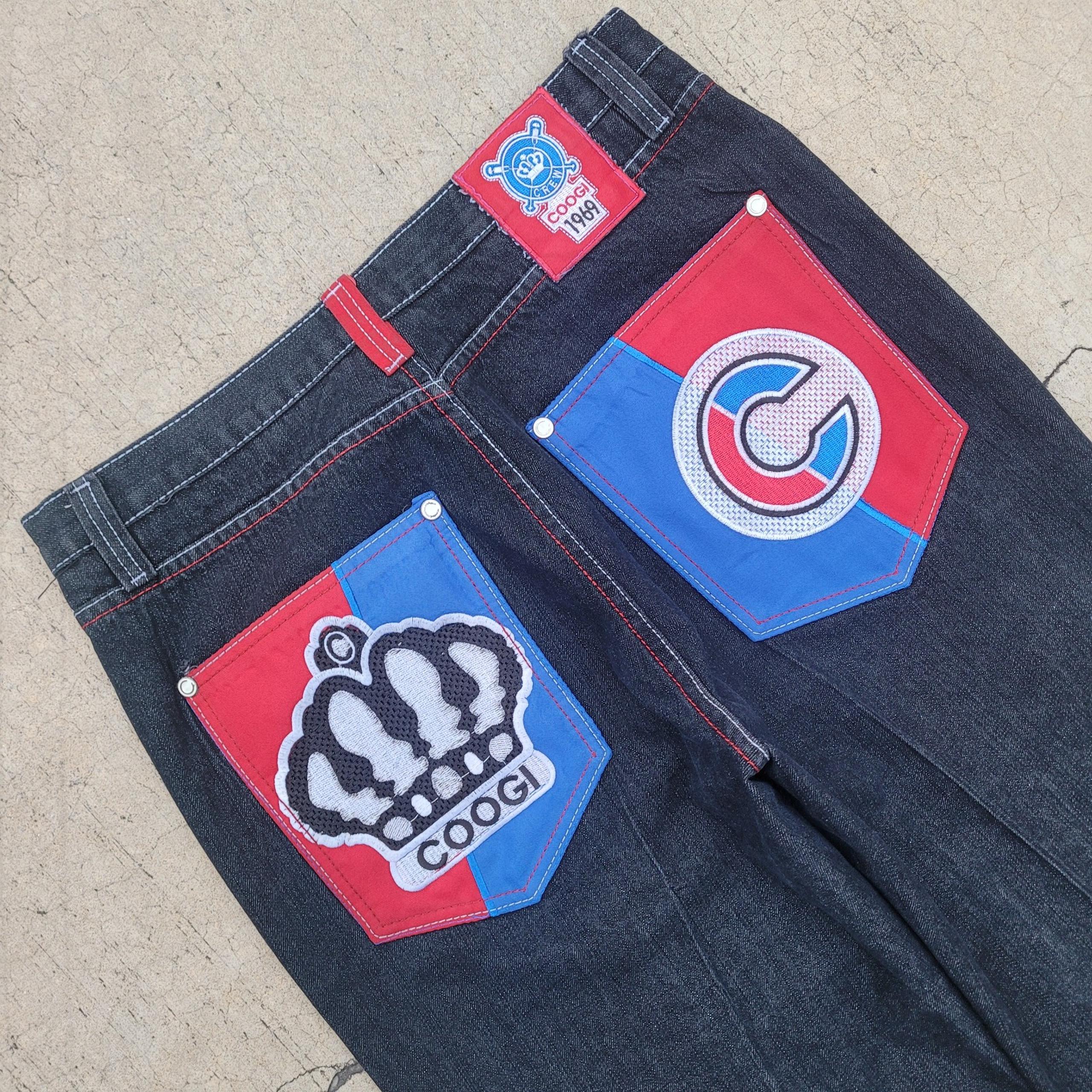 Vintage Coogi Jeans Mens 34x27 Black Baggy Embroidered Denim Designer Y2K Crown