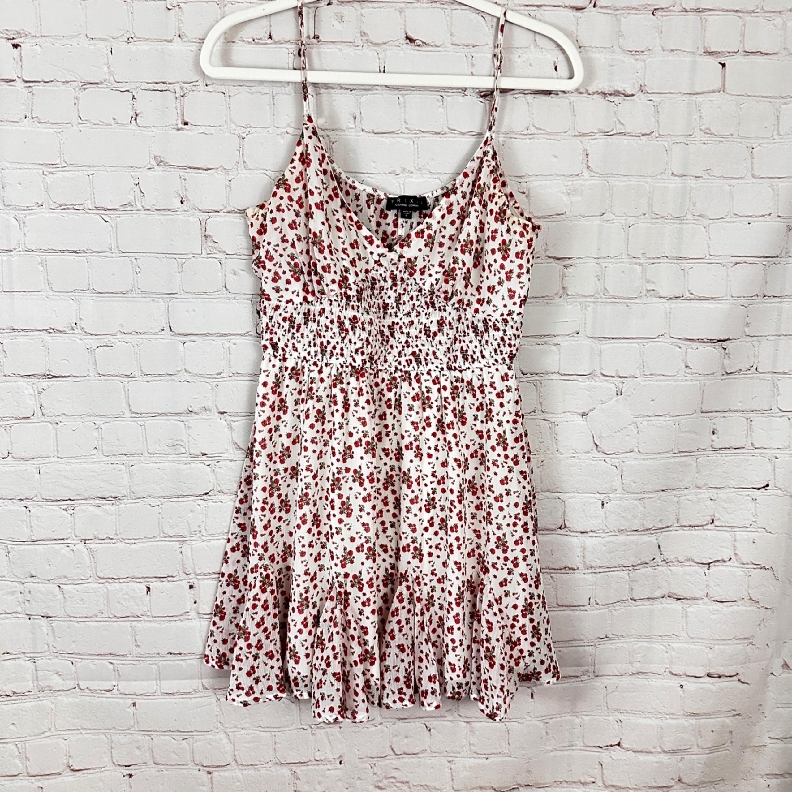 Trixxi Floral Mini Dress Smocked Cami Sundress White Red Size L