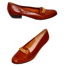 Salvatore Ferragamo Loafers Low Heel Pumps Gold Chain Detail Brown Womens Size 7
