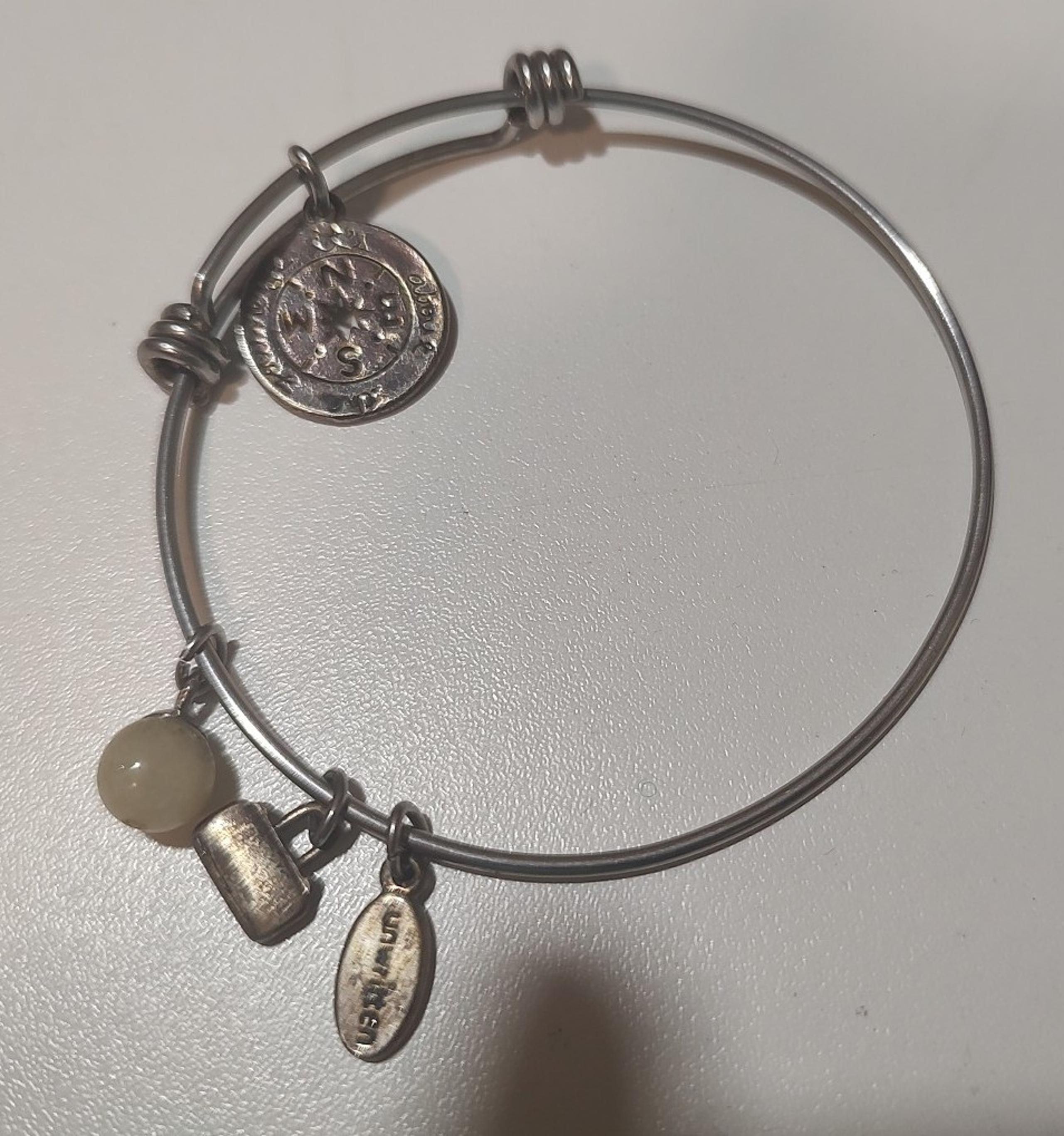 Unwritten Compass Charm and Crystal (8mm) Bangle Bracelet in Stainless Steel